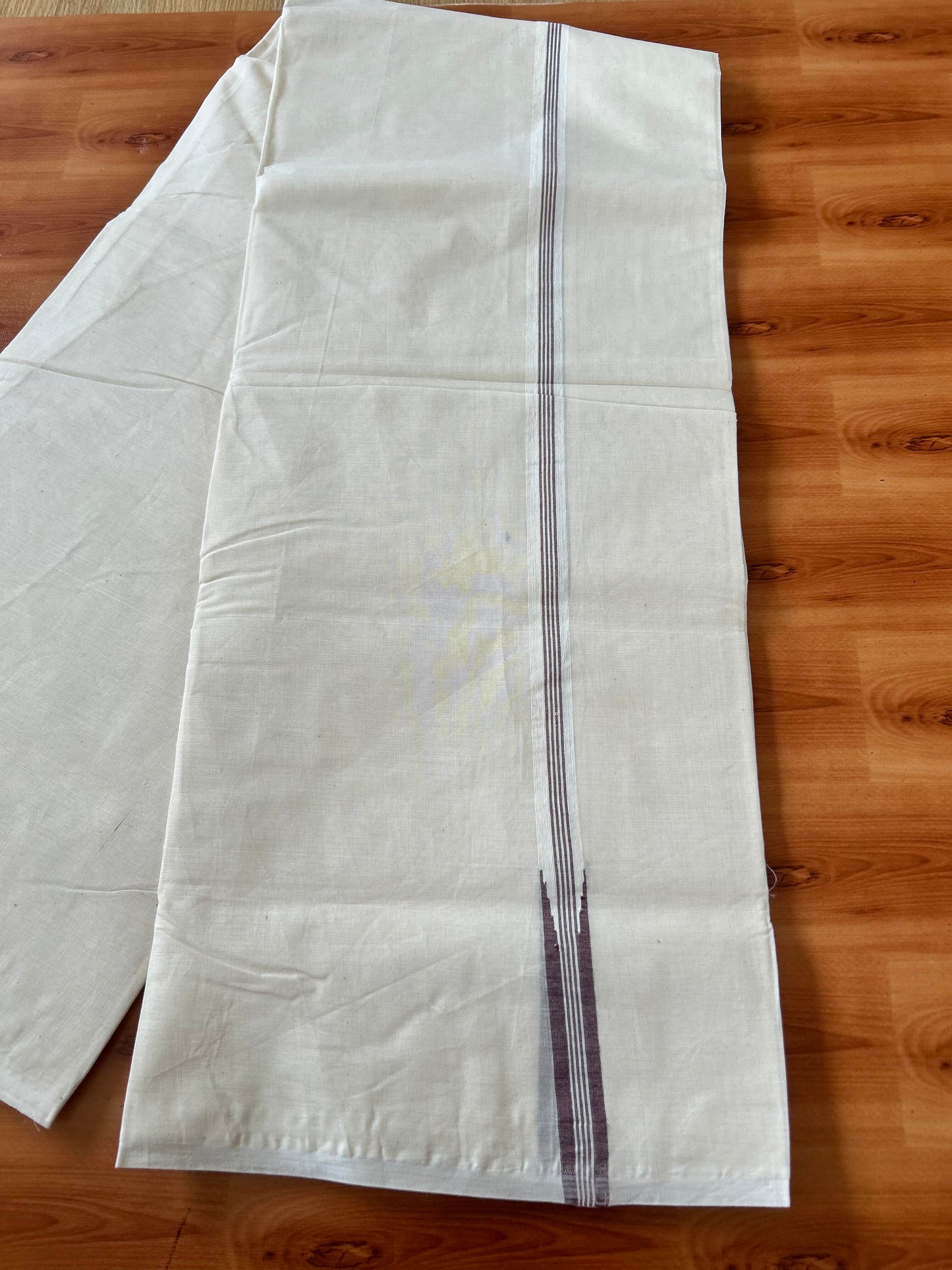 Double Off white Mundu/Dhoti - 20% Discount! KaithariKada Balaramapuram - 100% Cotton 100x100 - 0.75 inch Puliyilakkara Brown Striped Chutty Kara 4 mtr (8.5 muzham) - 3 KK5424 ASH