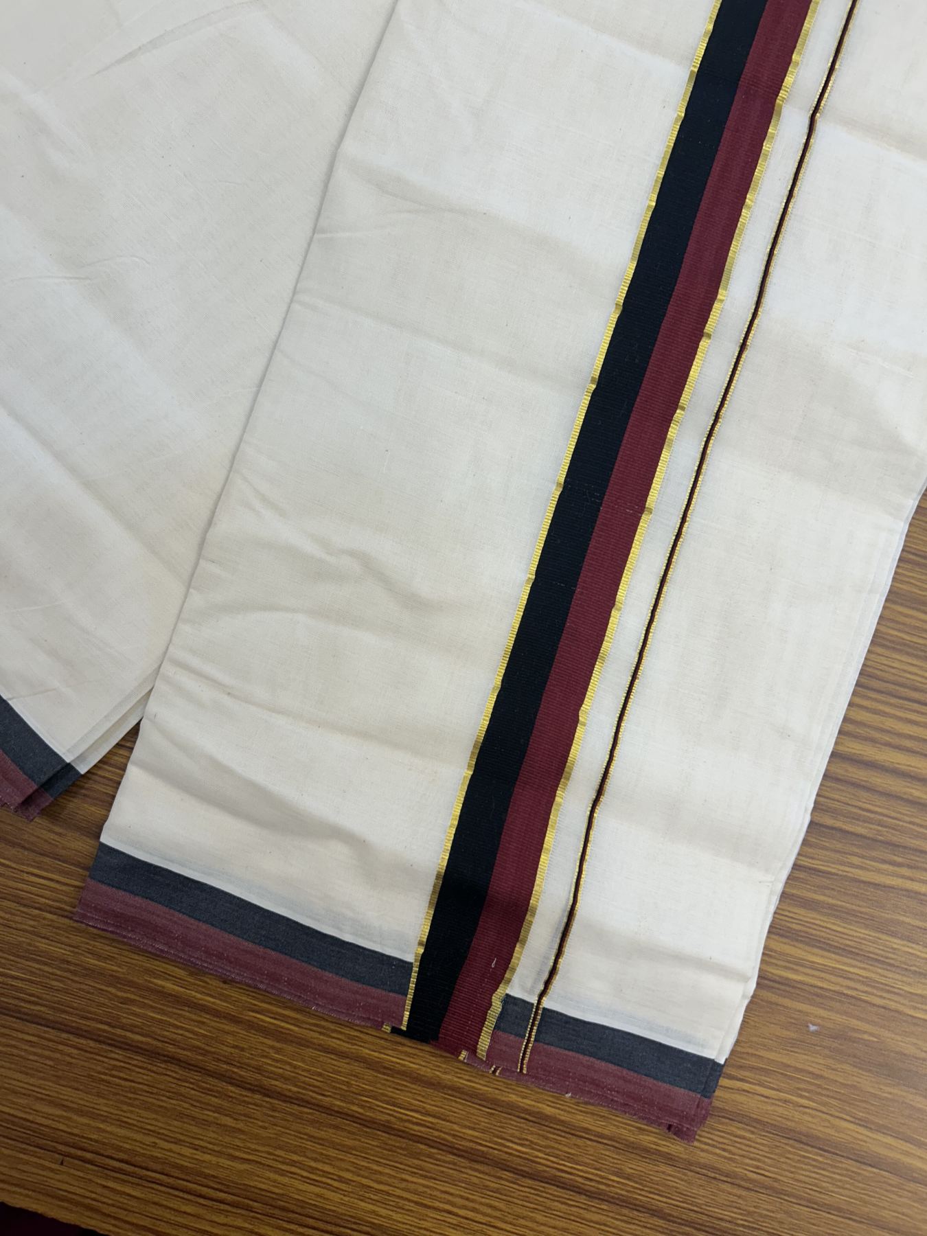 Dmk Veshti - 20% Discount! Kaitharikada 100% Cotton Off White Double - (Unbleached) Mund/Dhoti - 100X100 - 1.5 inch Gold Kasav & Black Maroon kara - 26 KK5323 ASH