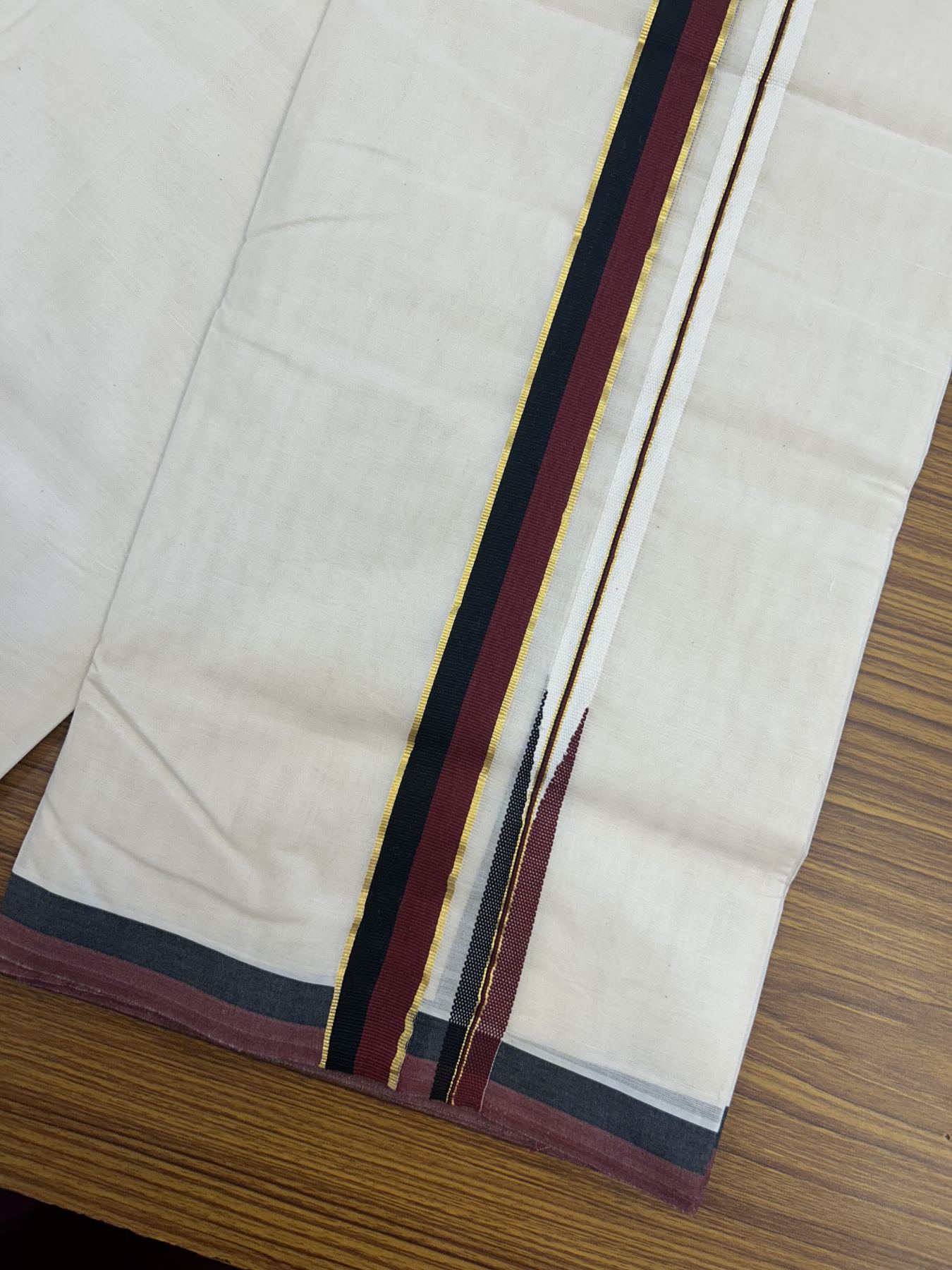 Dmk Veshti - 20% Discount !! KaithariKada Balaramapuram Double Off White - (Unbleached) Mundu/Dhoti - 100X100 - 3 cm Puliyilakkara Kasav Maroon & Black Chutty Kara 4 meters (8.5 Muzham) - 4 KK5325 ASH