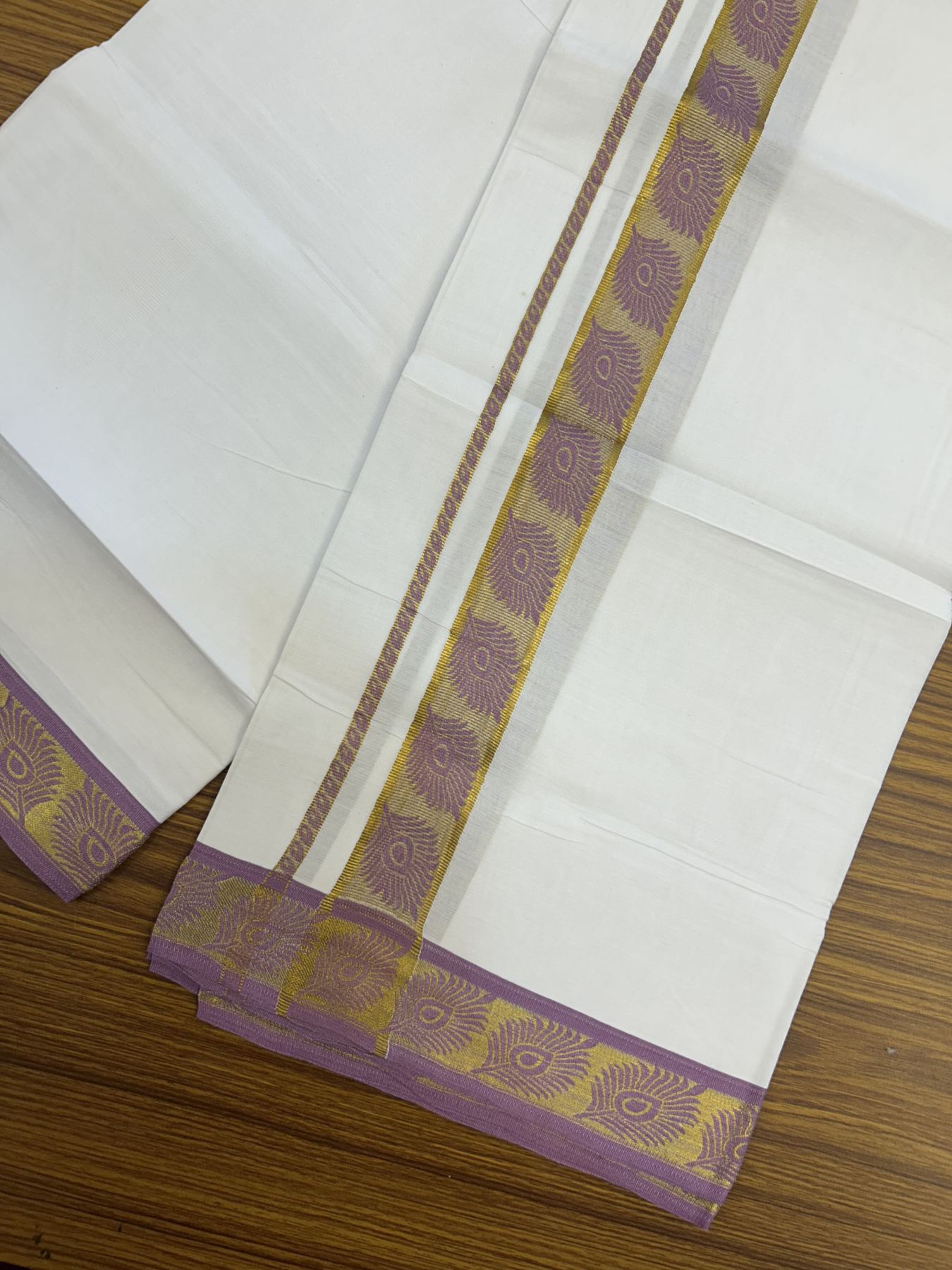 20% Discount ! KaithariKada Balaramapuram 100% Pure Cotton Single Pure White Mundu/Dhoti - 30X70 - 1.25 inch Gold Kasav & Lavender Magenta Peacock Feather Jacquard Design kara 1.90 mtr (4 Muzham) - 8 KK5325 CJT