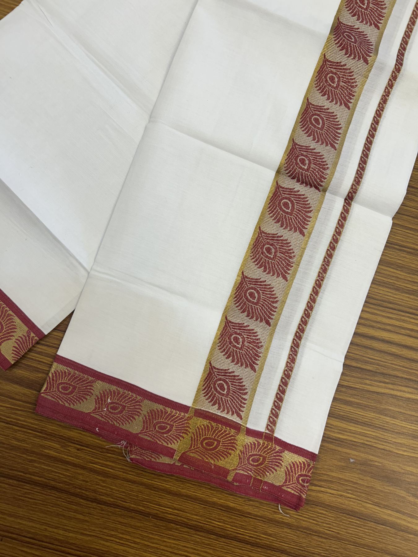 20% Discount ! KaithariKada Balaramapuram 100% Pure Cotton Single Pure White Mundu/Dhoti - 30X70 - 1.75 inch Gold Kasav & Maroon Peacock Feather Jacquard Design kara 1.90 mtr (4 Muzham) - 9 KK5325 CJT