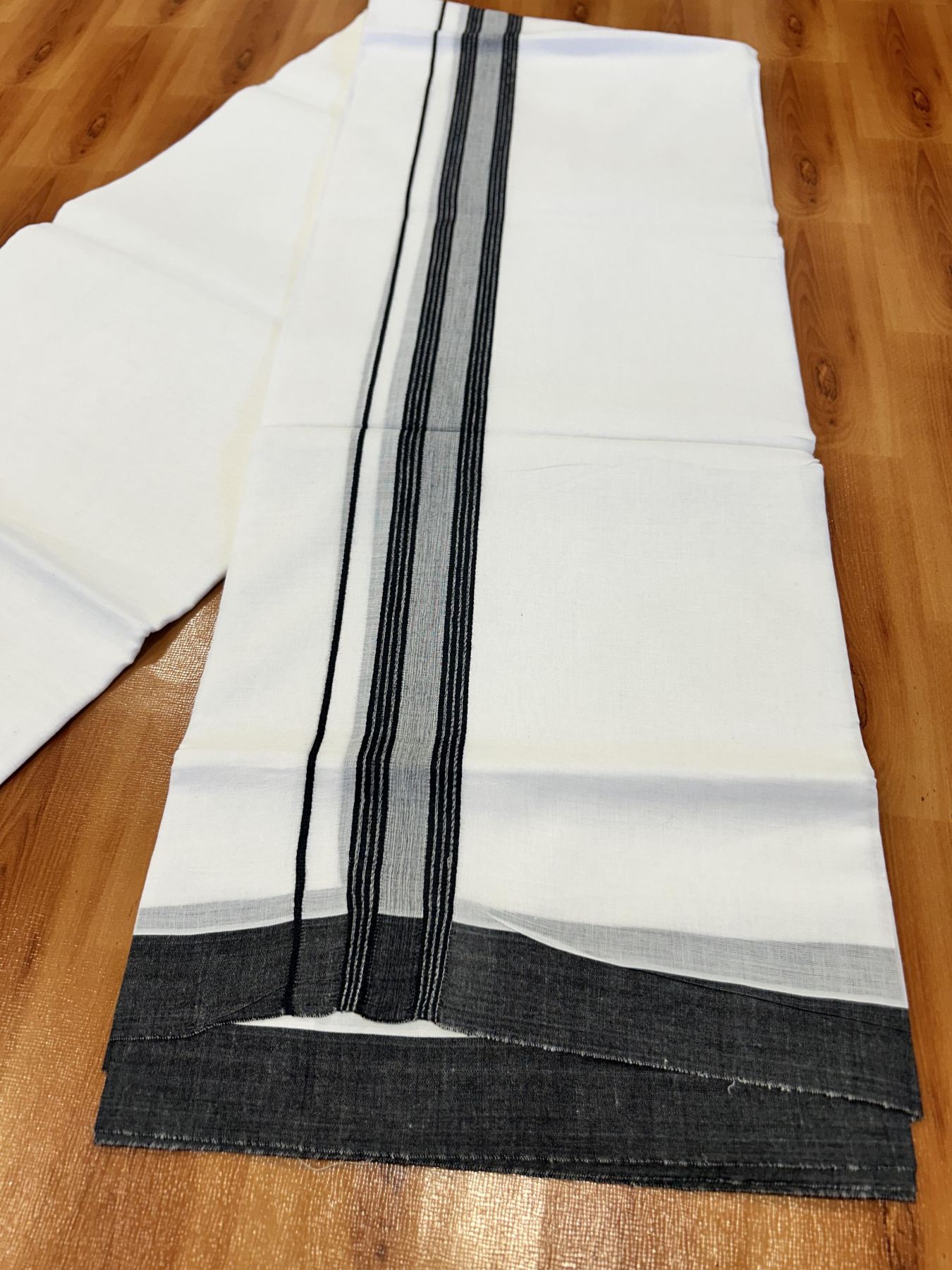 Double Pure White Mundu/Dhoti -20% Discount !! KaithariKada Balaramapuram 100% Cotton - 60s - 1.25 Inch Black Shaded Striped Kara - 3.85 mtr ( 8 muzham) - 3 KK5423 PMC