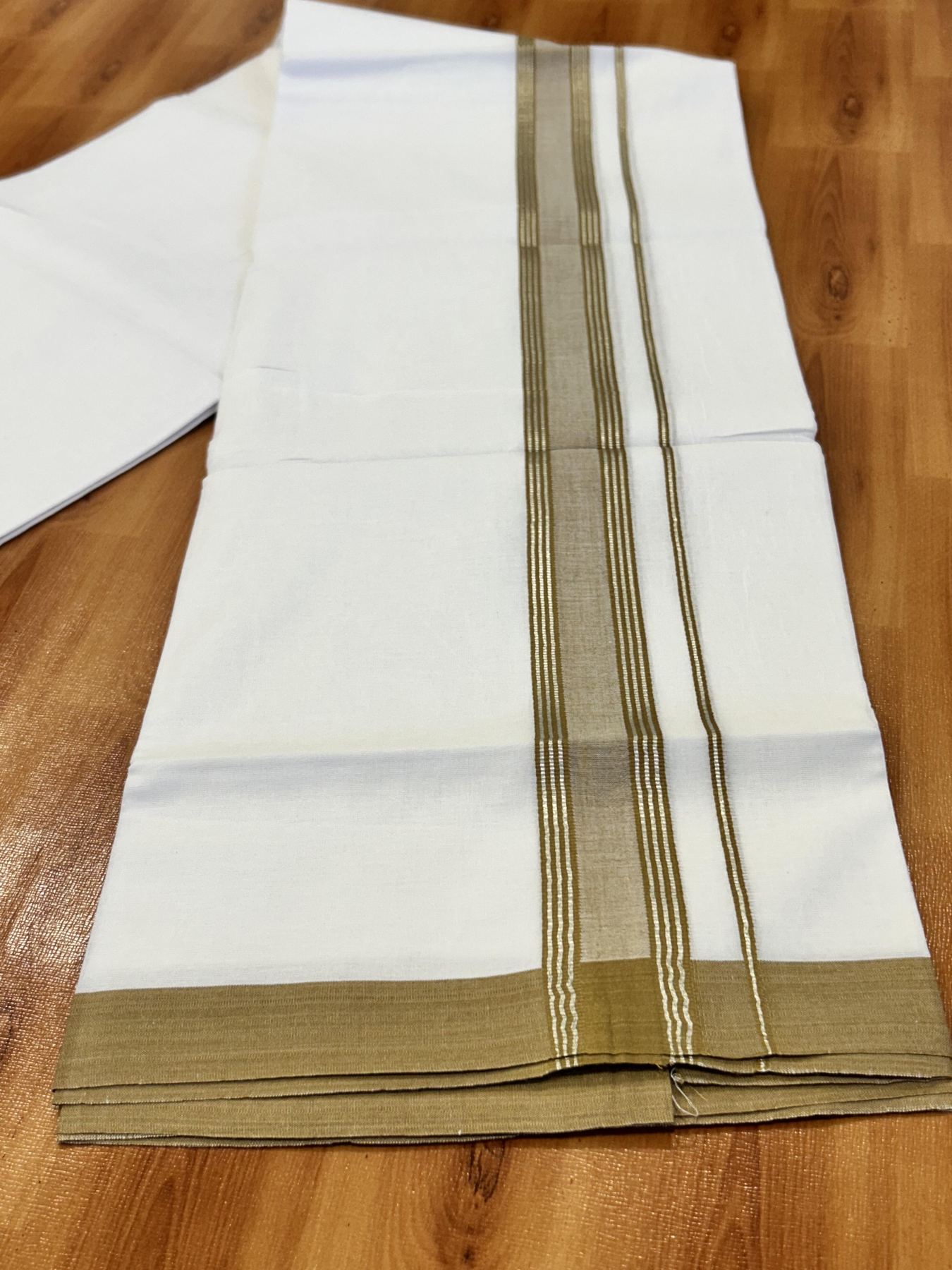 Double Pure White Mundu/Dhoti - 20% Discount !! KaithariKada Balaramapuram 100% Cotton - 60s - 1.5 Inch Peanut Brown Shaded Silver Kasav Striped Kara - 3.85 mtr ( 8 muzham) - 7 KK5425 PMC