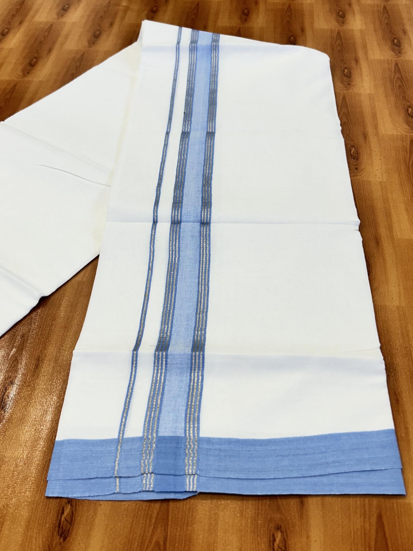 Double Pure White Mundu/Dhoti - 20% Discount !! KaithariKada Balaramapuram 100% Cotton - 60s - 1.5 Inch Light Blue Shaded Silver Kasav Striped Kara - 3.85 mtr ( 8 muzham) - 8 KK5425 PMC