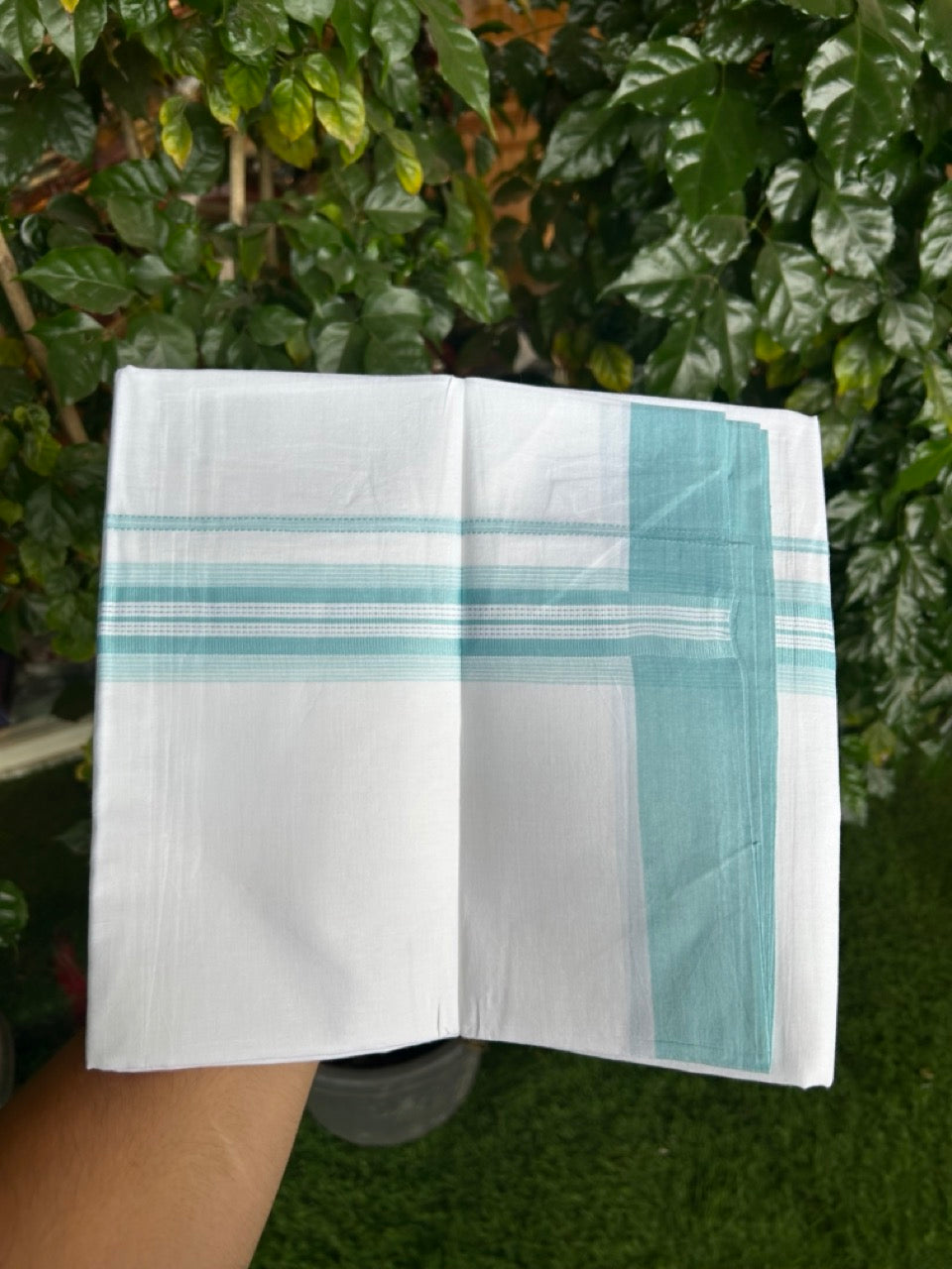 20% Discount ! Kaitharikada Balaramapuram 100% Cotton Pure White Double Mundu/Dothi - 100x80 - 1.5 inch Turquoise Blue Shaded Striped Kara 3.90 mtr (8 muzham) - 107 KK5285 VAS