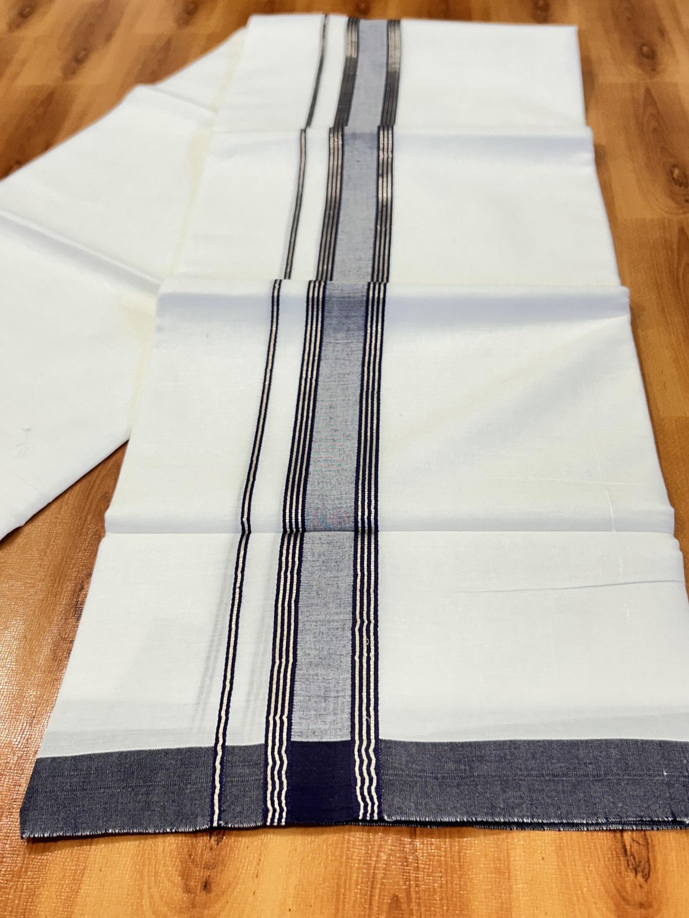 Double Pure White Mundu/Dhoti - 20% Discount !! KaithariKada Balaramapuram 100% Cotton - 60s - 1.5 Inch Navy Blue Shaded Silver Kasav Striped Kara - 3.85 mtr ( 8 muzham) - 9 KK5425 PMC