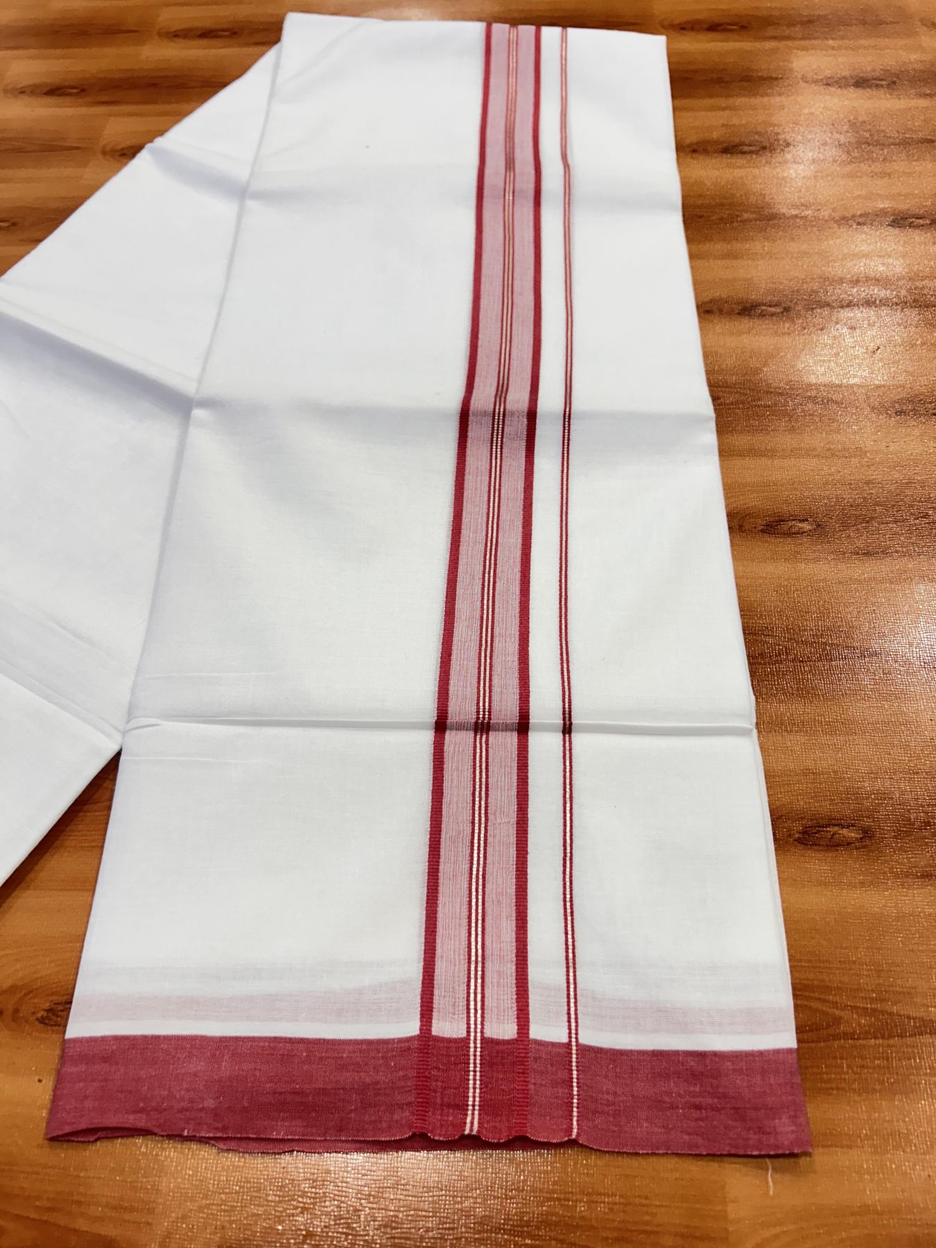 Double Pure White Mundu/Dhoti - 20% Discount !! KaithariKada Balaramapuram 100% Cotton - 60s - 1.25 Inch Crimson Red Shaded Silver Kasav Striped Kara - 3.85 mtr ( 8 muzham) - 17 KK5425 PMC