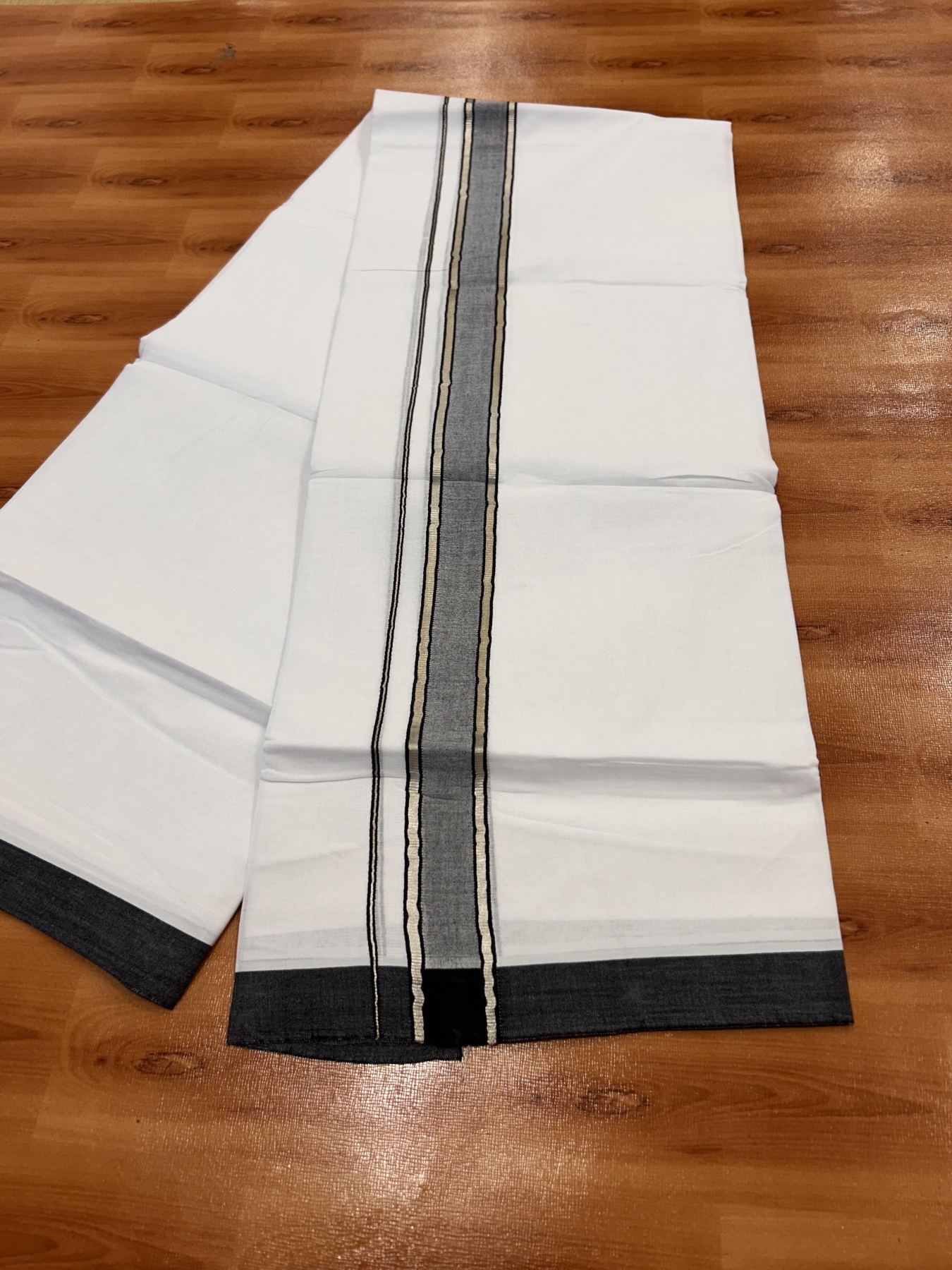 Double Pure White Mundu/Dhoti - 20% Discount !! KaithariKada Balaramapuram 100% Cotton - 60s - 1.25 Inch Black Shaded Silver Kasav Striped Kara - 3.85 mtr ( 8 muzham) - 18 KK5425 PMC