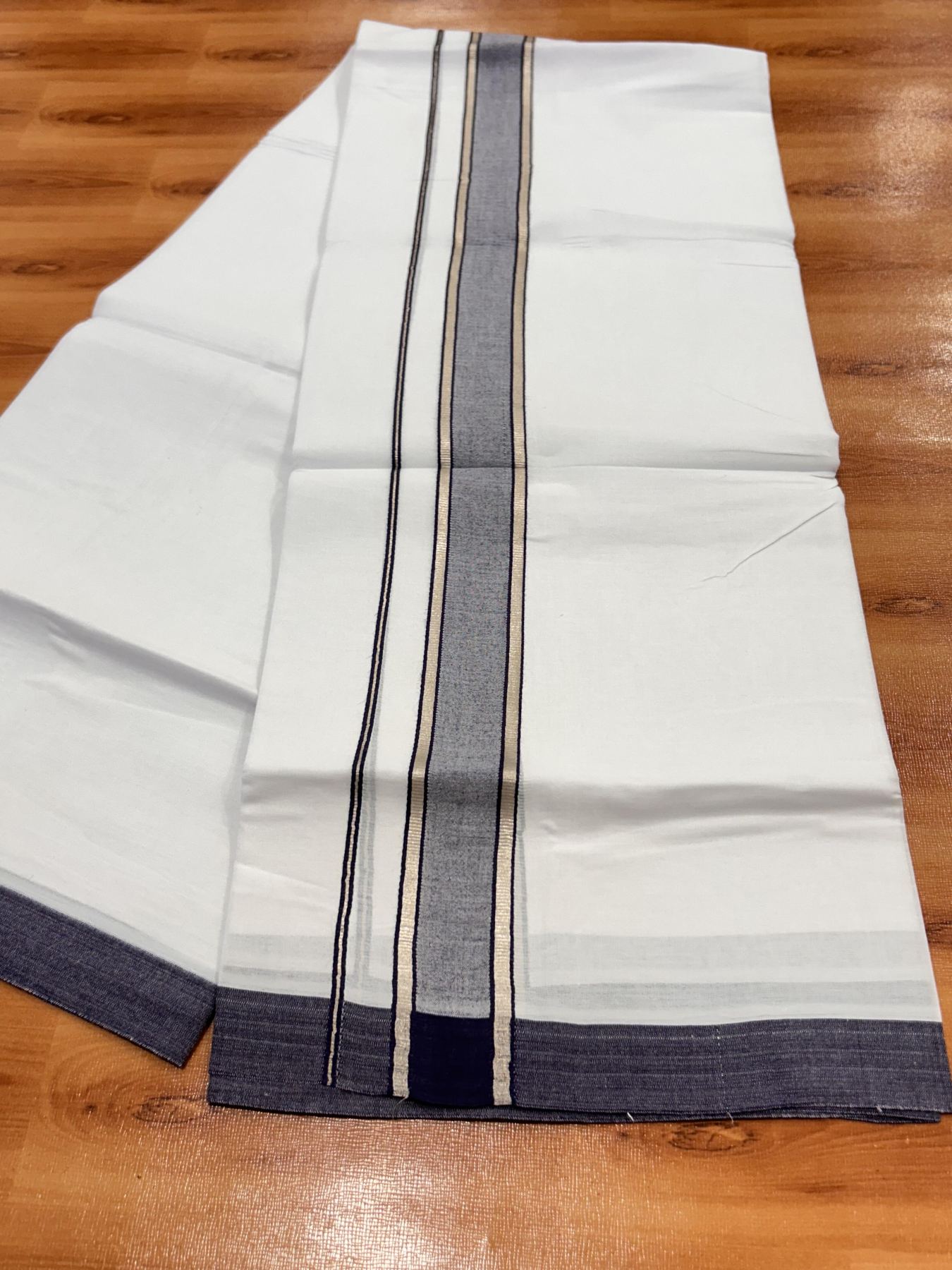 Double Pure White Mundu/Dhoti - 20% Discount !! KaithariKada Balaramapuram 100% Cotton - 60s - 1.5 Inch Navy Blue Shaded Silver Kasav Striped Kara - 3.85 mtr ( 8 muzham) - 20 KK5425 PMC