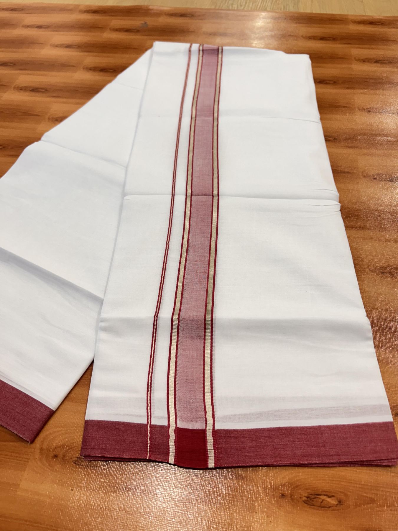 Double Pure White Mundu/Dhoti - 20% Discount !! KaithariKada Balaramapuram 100% Cotton - 60s - 1.5 Inch Maroon Red Shaded Silver Kasav Striped Kara - 3.85 mtr ( 8 muzham) - 22 KK5425 PMC