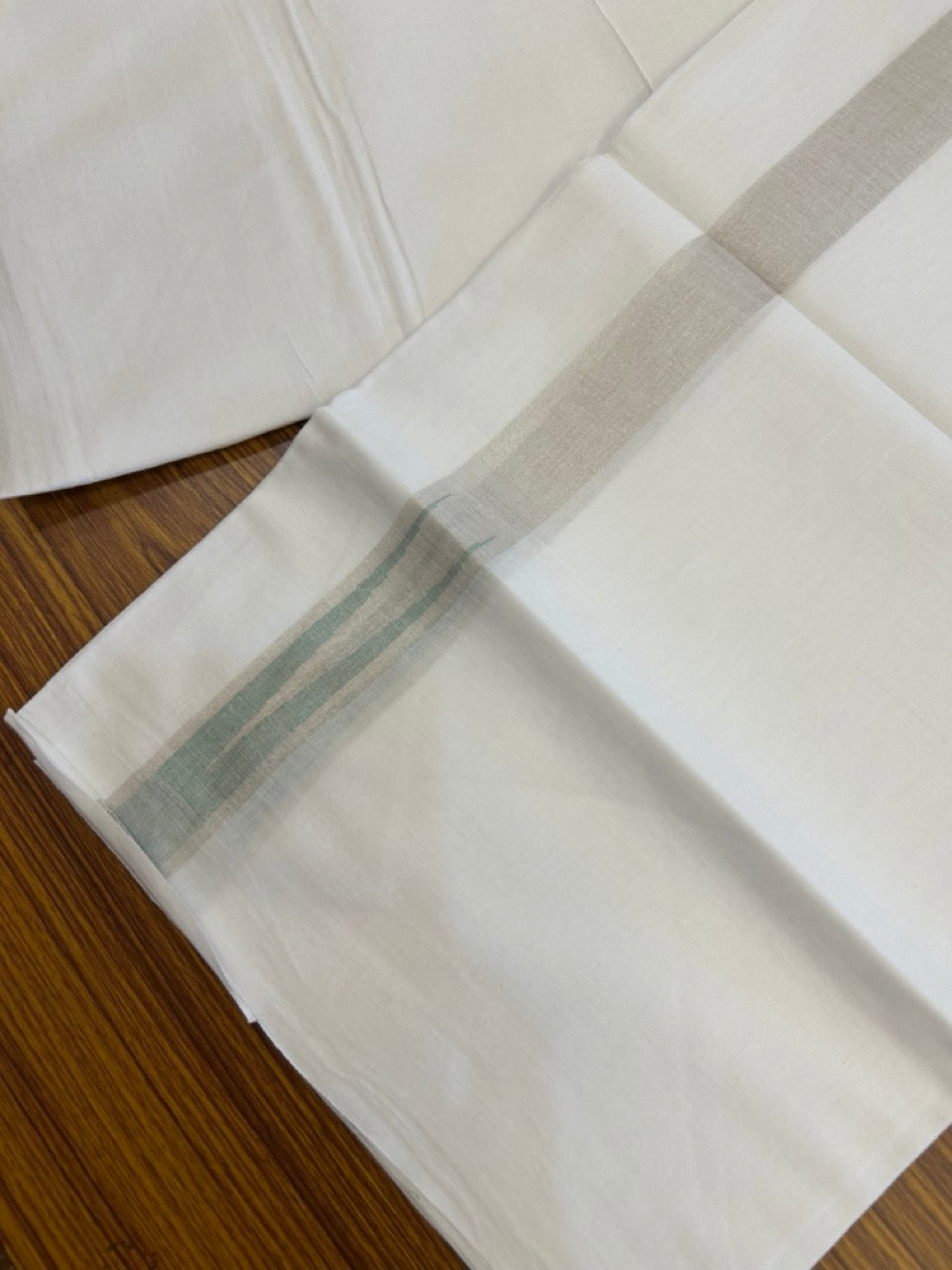 20% Discount ! Kaitharikada Balaramapuram 100% Cotton Pure White Double Mundu/Dothi - 100x80 - 1 inch Puliyilakkara Silver Kasav & Light Green Chutty Kara 3.90 mtr (8 muzham) - 99 KK5285 VAS