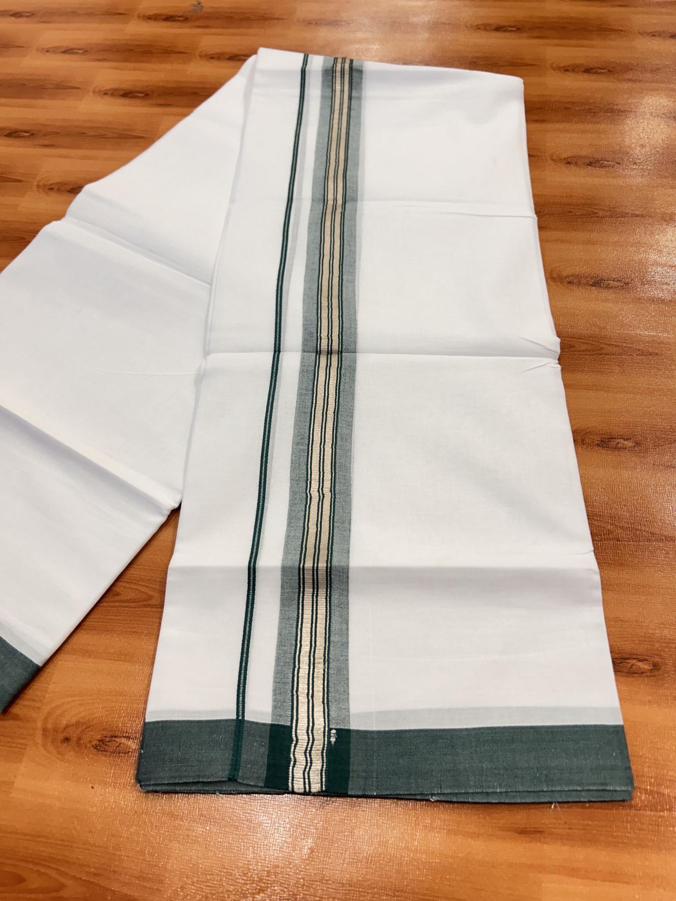 Double Pure White Mundu/Dhoti - 20% Discount !! KaithariKada Balaramapuram 100% Cotton - 60s - 1.5 Inch Dark Green Shaded Silver Kasav Striped Kara - 3.85 mtr ( 8 muzham) - 23 KK5425 PMC