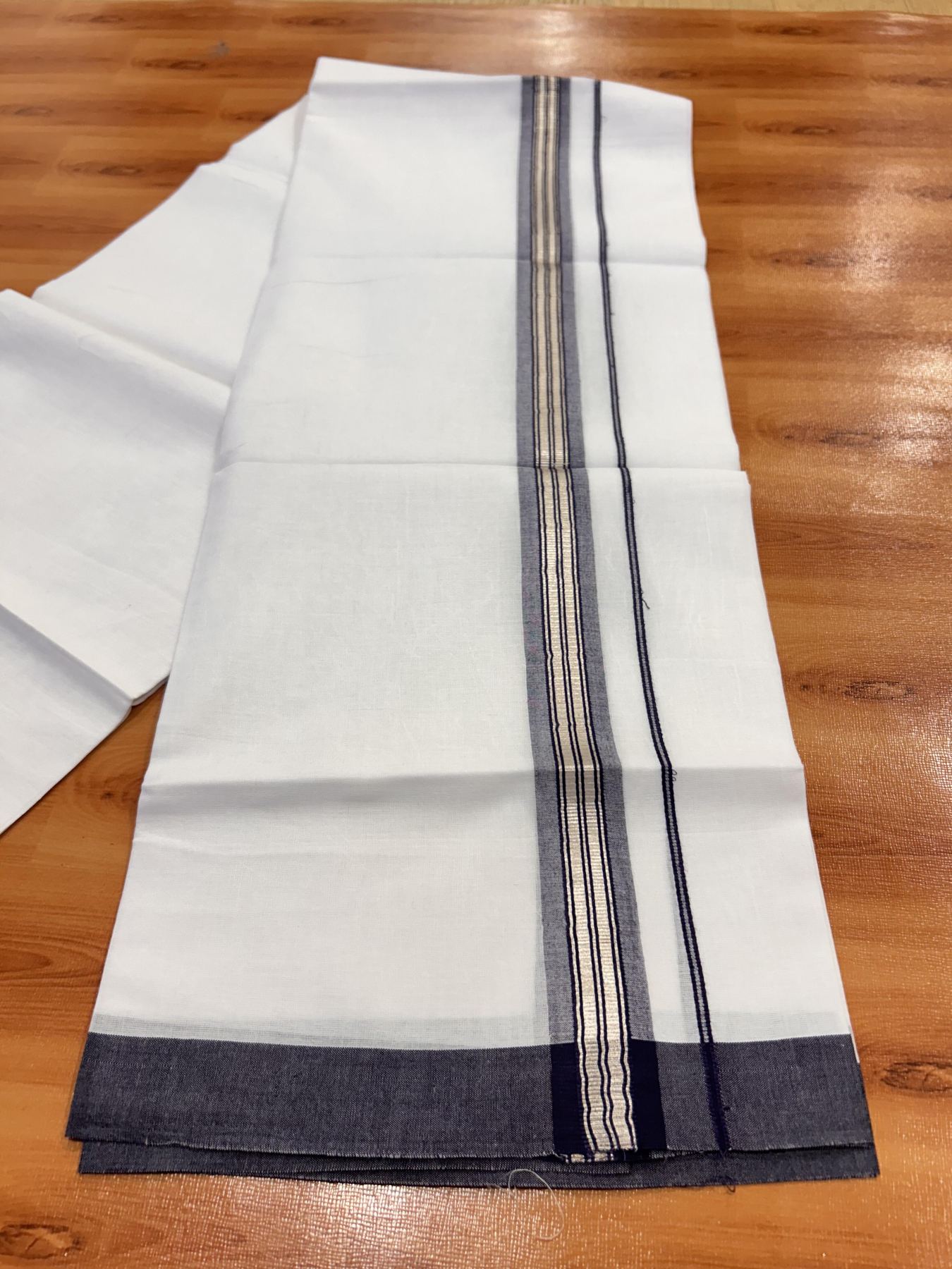 Double Pure White Mundu/Dhoti - 20% Discount !! KaithariKada Balaramapuram 100% Cotton - 60s - 1.25 Inch Navy Blue Shaded Silver Kasav Striped Kara - 3.85 mtr ( 8 muzham) - 24 KK5425 PMC
