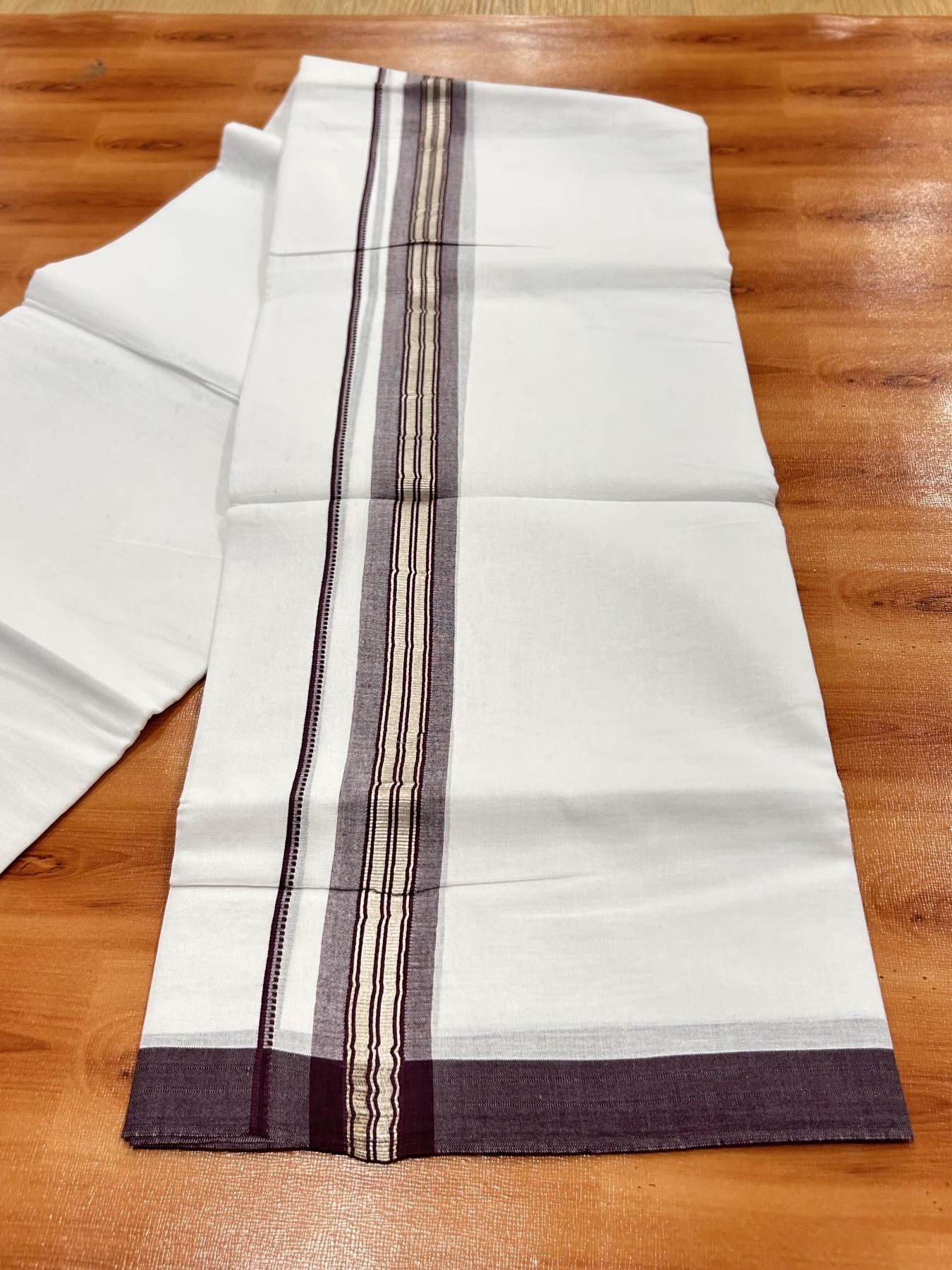 Double Pure White Mundu/Dhoti - 20% Discount !! KaithariKada Balaramapuram 100% Cotton - 60s - 1.5 Inch Plum Wine Shaded Silver Kasav Striped Kara - 3.85 mtr ( 8 muzham) - 26 KK5425 PMC