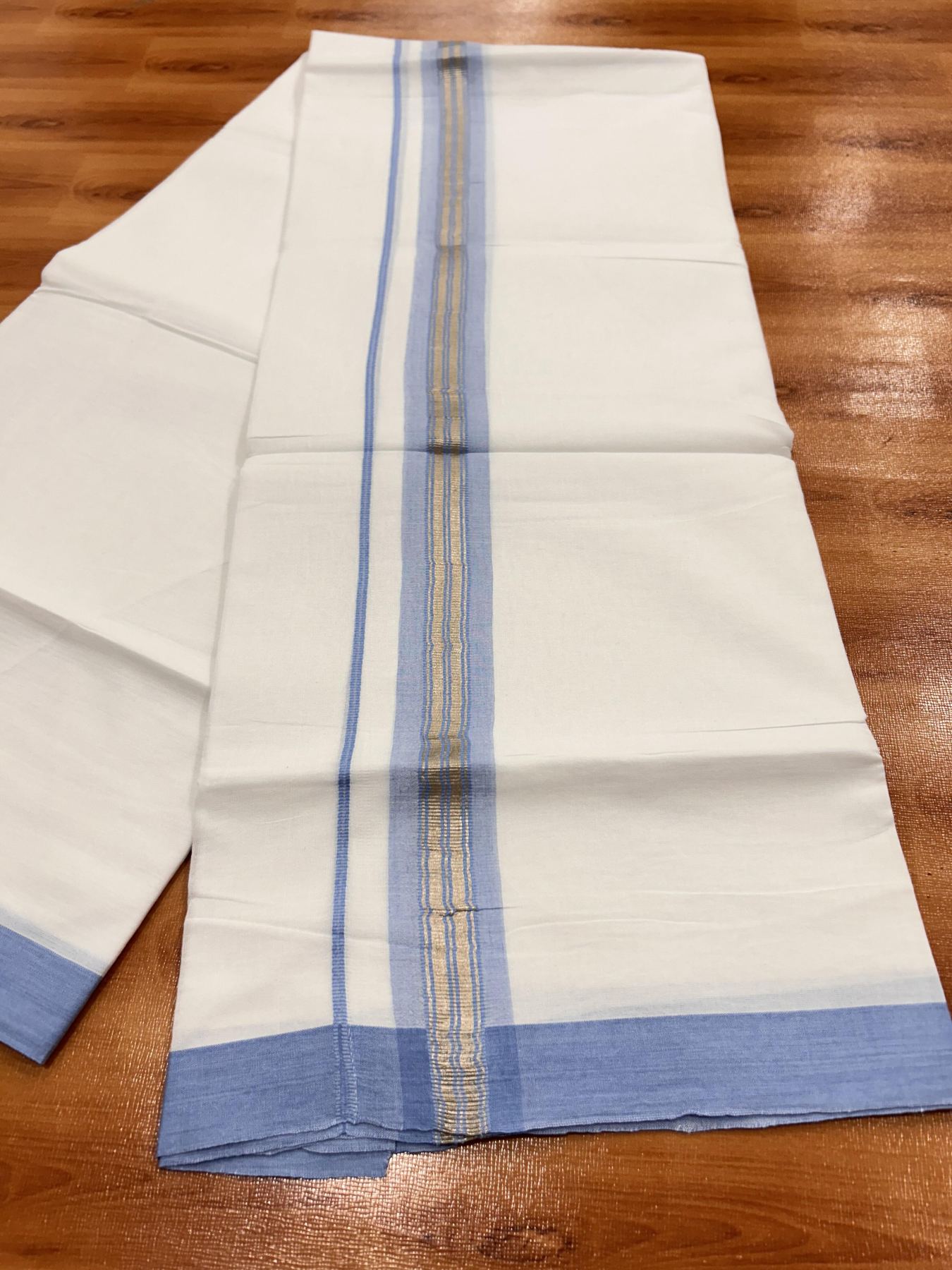 Double Pure White Mundu/Dhoti - 20% Discount !! KaithariKada Balaramapuram 100% Cotton - 60s - 1.25 Inch Light Blue Shaded Silver Kasav Striped Kara - 3.85 mtr ( 8 muzham) - 27 KK5425 PMC