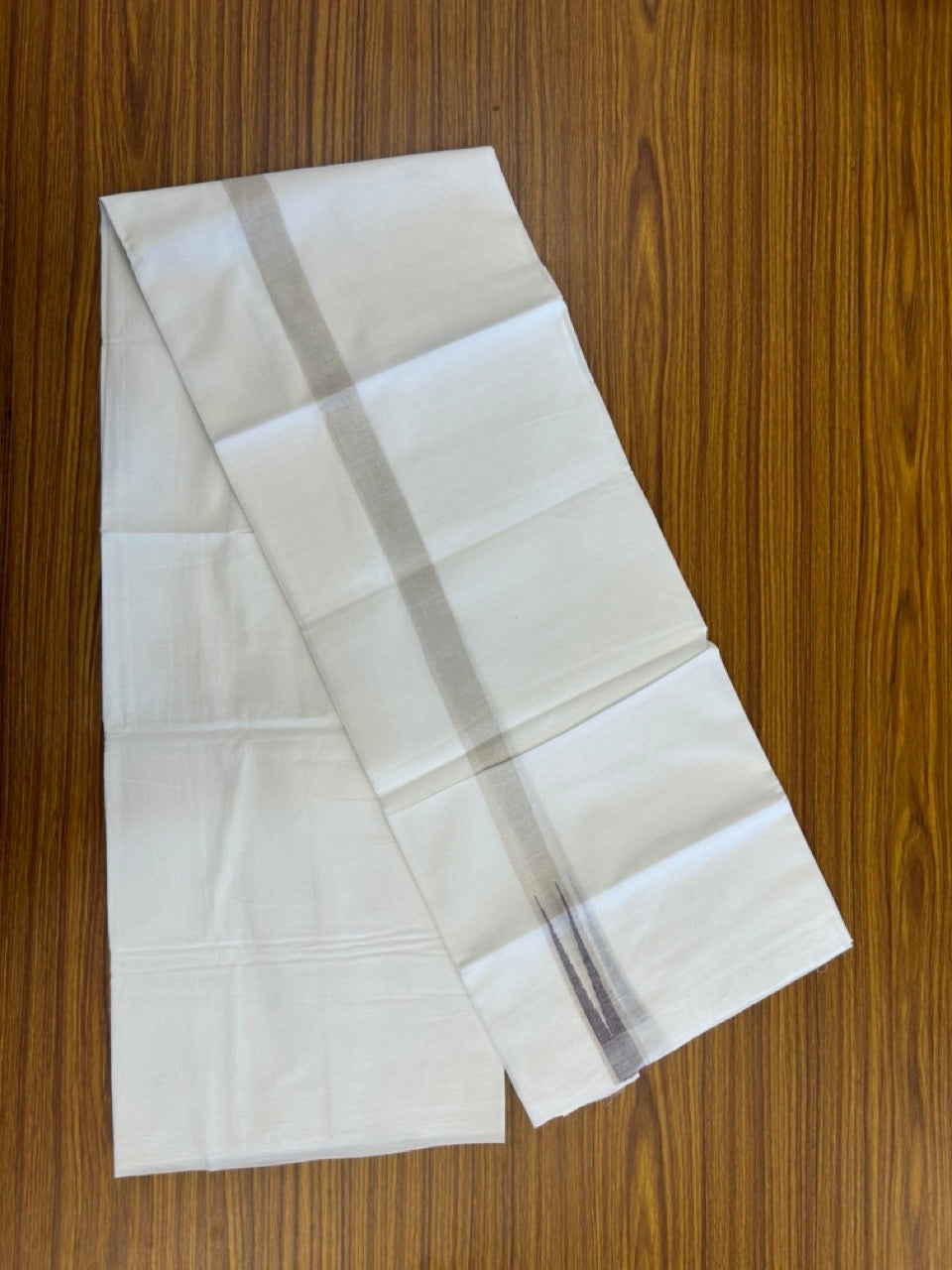 20% Discount ! Kaitharikada Balaramapuram 100% Cotton Pure White Double Mundu/Dothi - 100x80 - 1 inch Puliyilakkara Silver Kasav & Purple Chutty Kara 3.90 mtr (8 muzham) - 104 KK5285 VAS