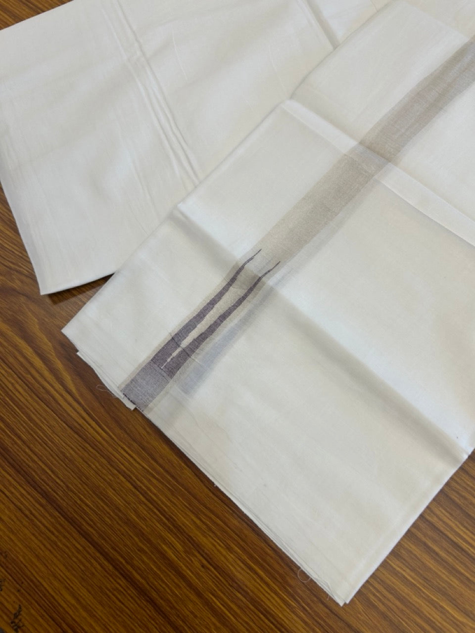 20% Discount ! Kaitharikada Balaramapuram 100% Cotton Pure White Double Mundu/Dothi - 100x80 - 1 inch Puliyilakkara Silver Kasav & Purple Chutty Kara 3.90 mtr (8 muzham) - 104 KK5285 VAS