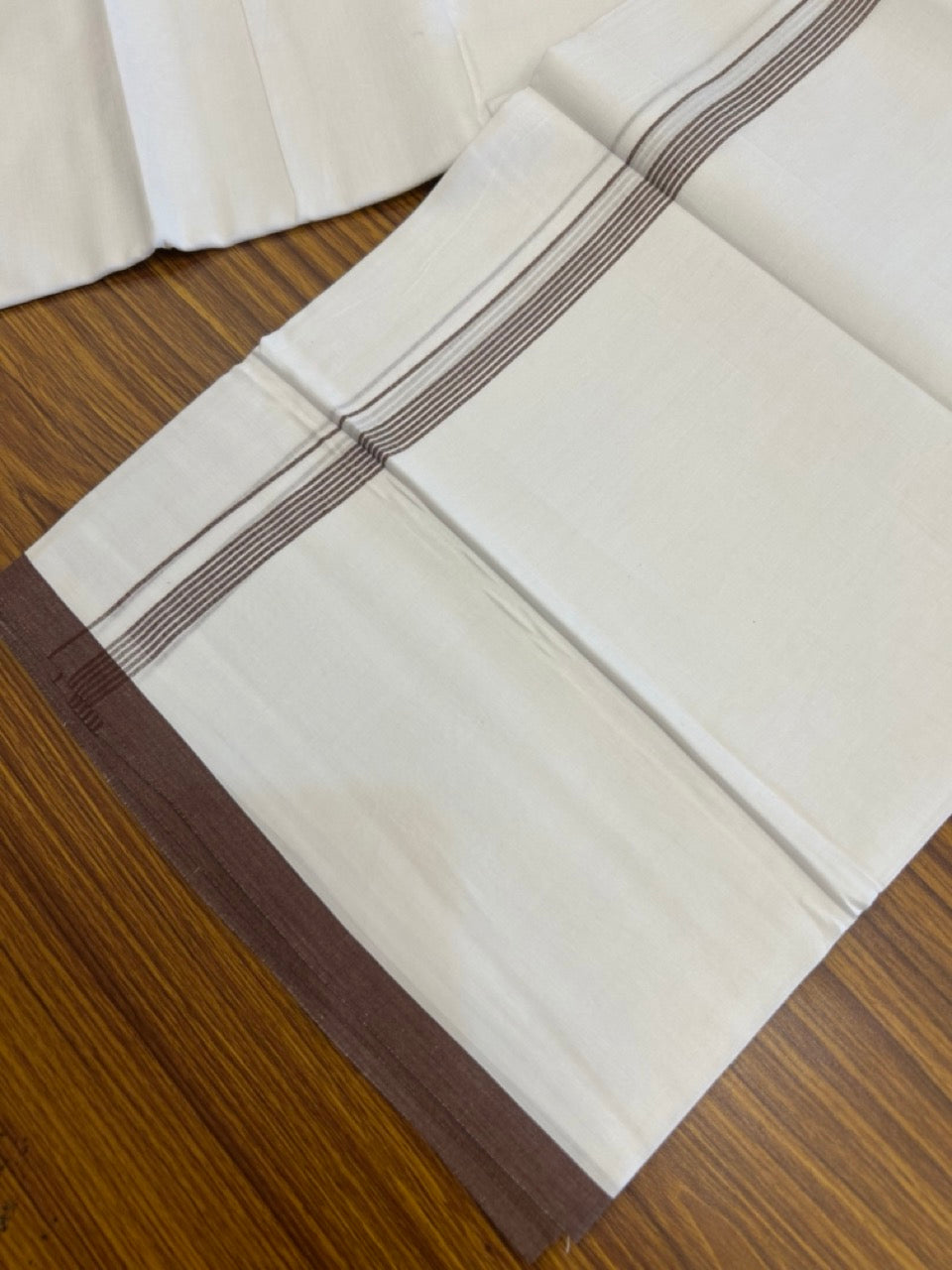 20% Discount ! Kaitharikada Balaramapuram 100% Cotton Pure White Double Mundu/Dothi - 100x80 - 0.5 inch Dark Brown Striped Kara 3.90 mtr (8 muzham) - 62 KK5285 VAS