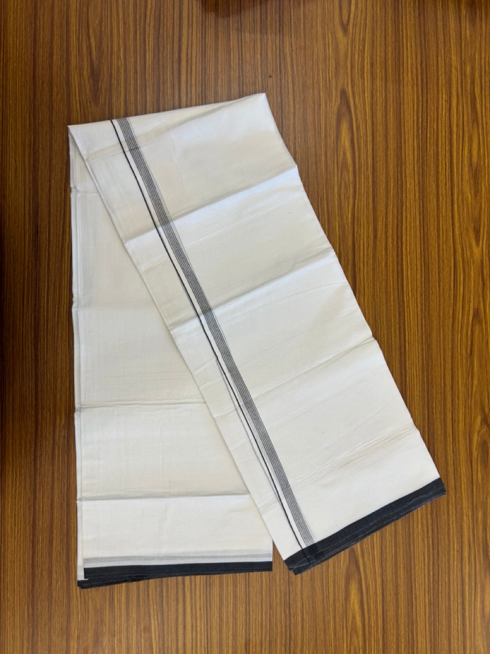 20% Discount ! Kaitharikada Balaramapuram 100% Cotton Pure White Double Mundu/Dothi - 100x80 - 0.5 inch Black Striped Kara 3.90 mtr (8 muzham) - 64 KK5285 VAS