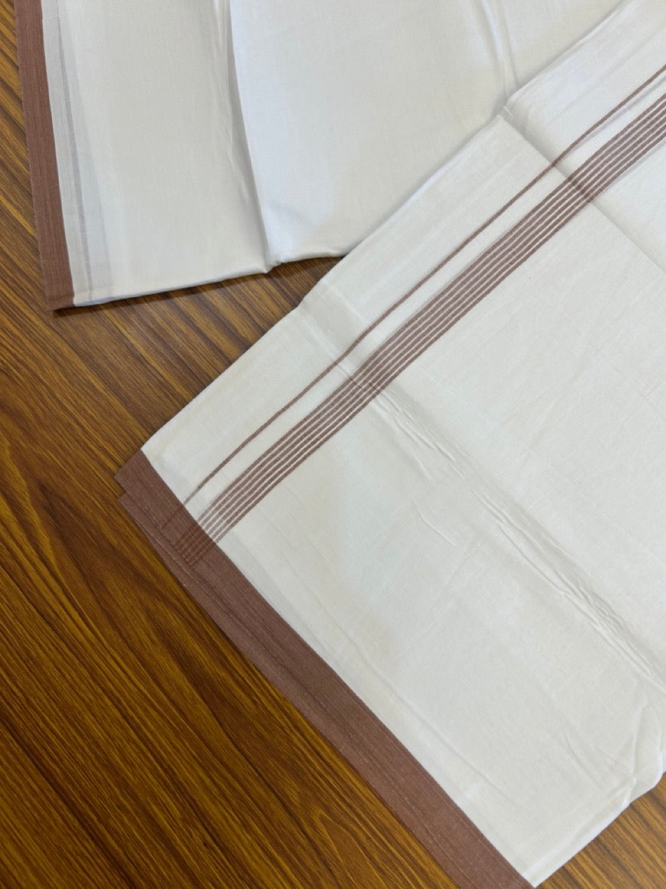 20% Discount ! Kaitharikada Balaramapuram 100% Cotton Pure White Double Mundu/Dothi - 100x80 - 0.5 inch Dark Brown Cream Striped Kara 3.90 mtr (8 muzham) - 68 KK5285 VAS