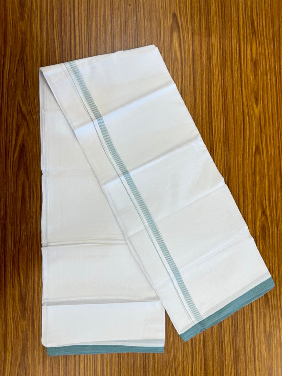 20% Discount ! Kaitharikada Balaramapuram 100% Cotton Pure White Double Mundu/Dothi - 100x80 - 0.5 inch Blue Green Striped Kara 3.90 mtr (8 muzham) - 70 KK5285 VAS
