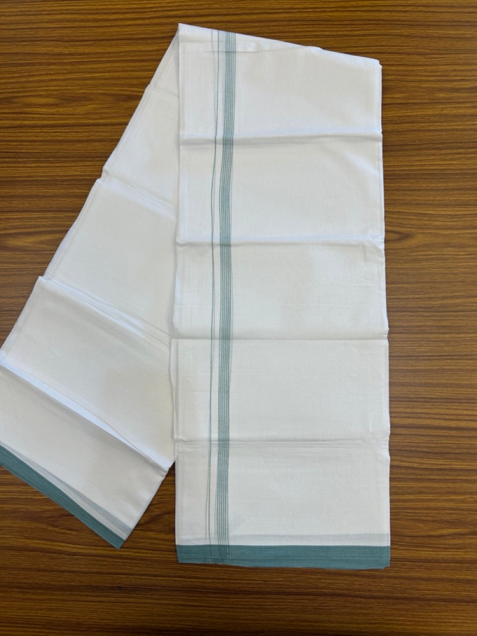 20% Discount ! Kaitharikada Balaramapuram 100% Cotton Pure White Double Mundu/Dothi - 100x80 - 0.5 inch Blue Green Striped Kara 3.90 mtr (8 muzham) - 70 KK5285 VAS