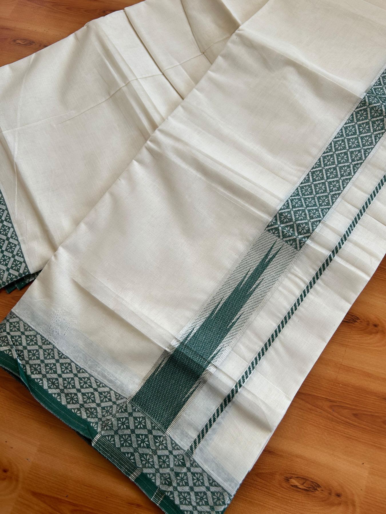 Off White (Unbleached) Double Mundu/Dhoti - 20% Discount ! KaithariKada 100% Pure Cotton - 100x80 - 1.5 inch Silver Kasav & Green Jacquard Design Chutty kara 4 mtr (8.5 Muzham) - 13 KK5494 PMC