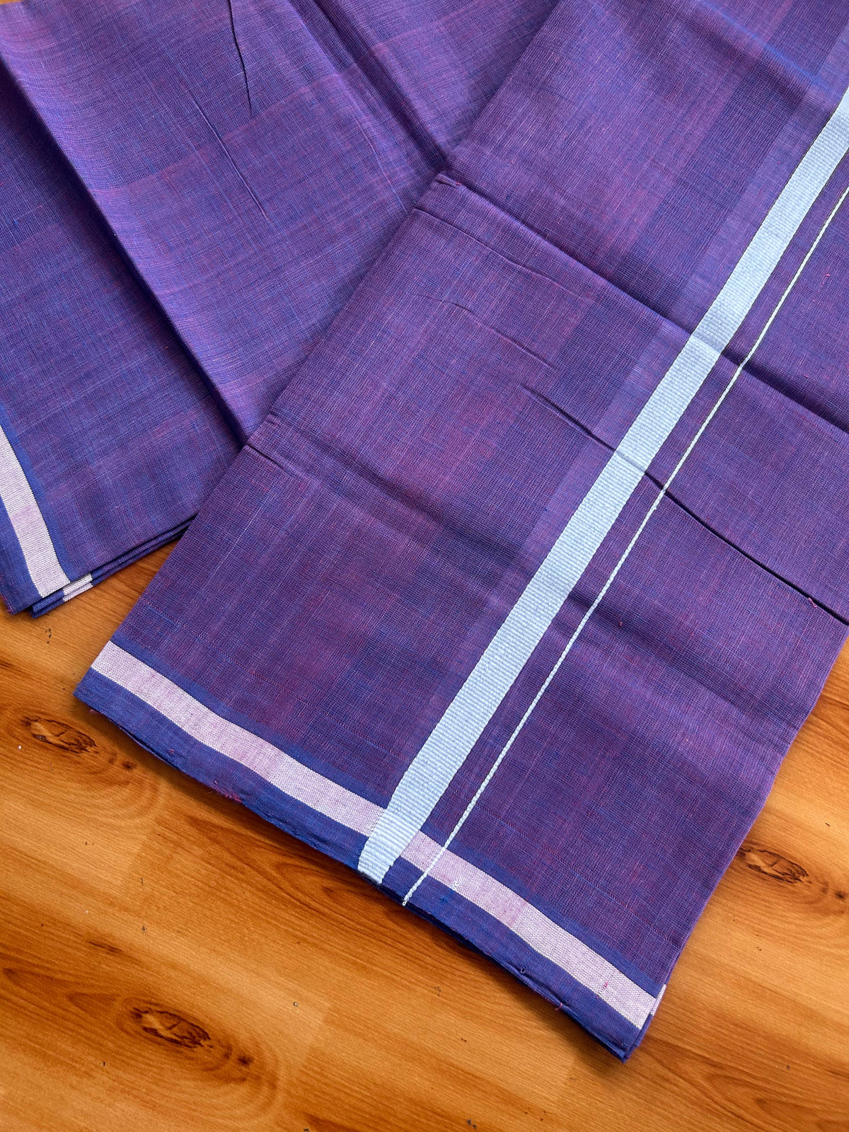Kerala Handloom Single Kaily/Lungi - KaithariKada 100% Pure Cotton - 40s - 0.5 cm White Kara With Blue & Dusty Peach Shaded colour Body - (2 meter / 4 muzham) - 2 KK5539 ELA
