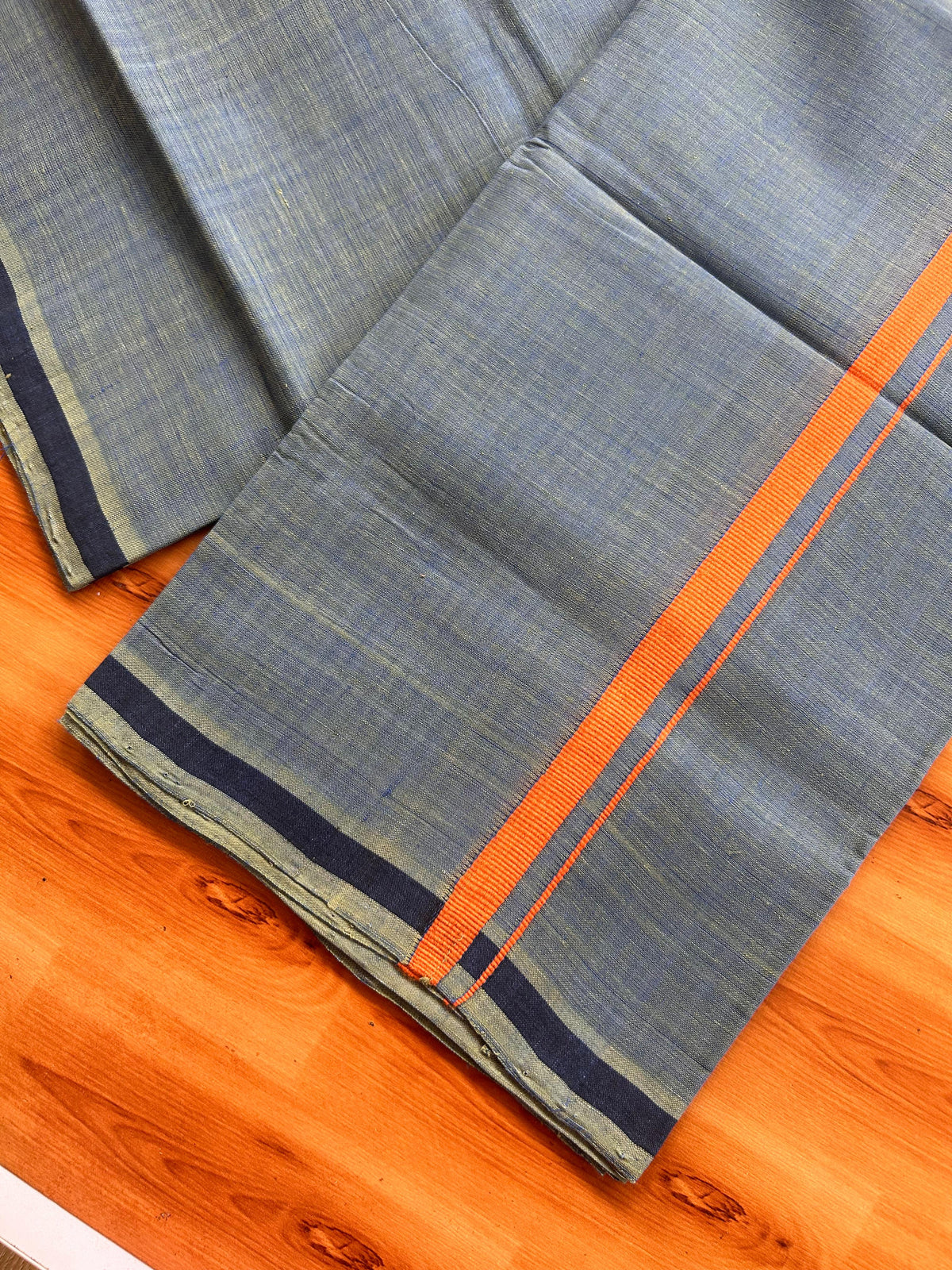 Kerala Handloom Single Kaily/Lungi - KaithariKada 100% Pure Cotton - 40s - 0.5 cm Orange Kara With Peacock Blue & Olive Green Shaded colour Body - (2 meter / 4 muzham) - 12 KK5539 ELA