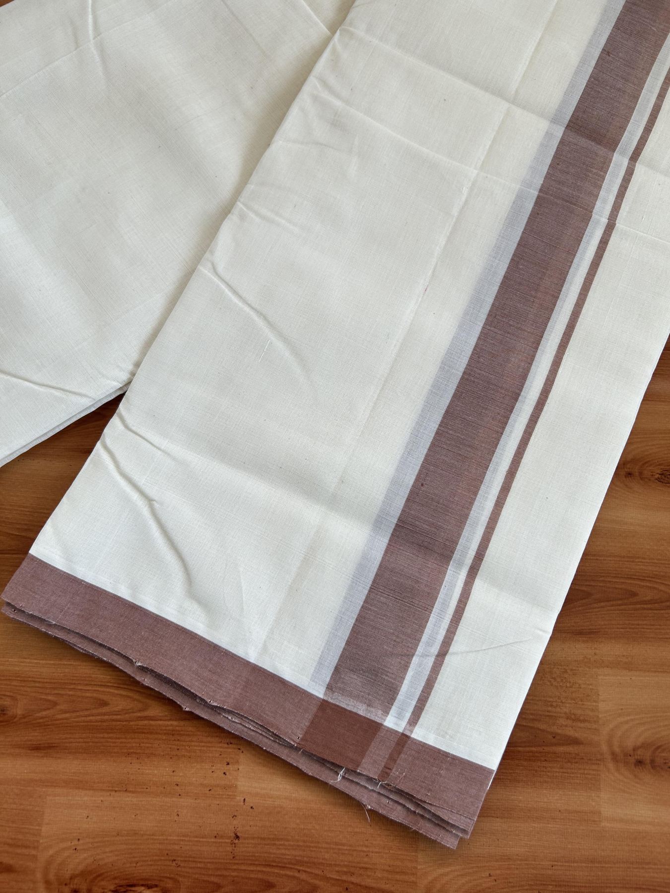 Double Off White (Unbleached) Mundu/Dhoti- 25% Discount! KaithariKada Handloom Millpaav - Kerala Handloom - Cotton - 80x90 - 1.25 inch Brown Mulloth Kara 4 meter (8.5 Muzham) - 6 KK5396 RAM