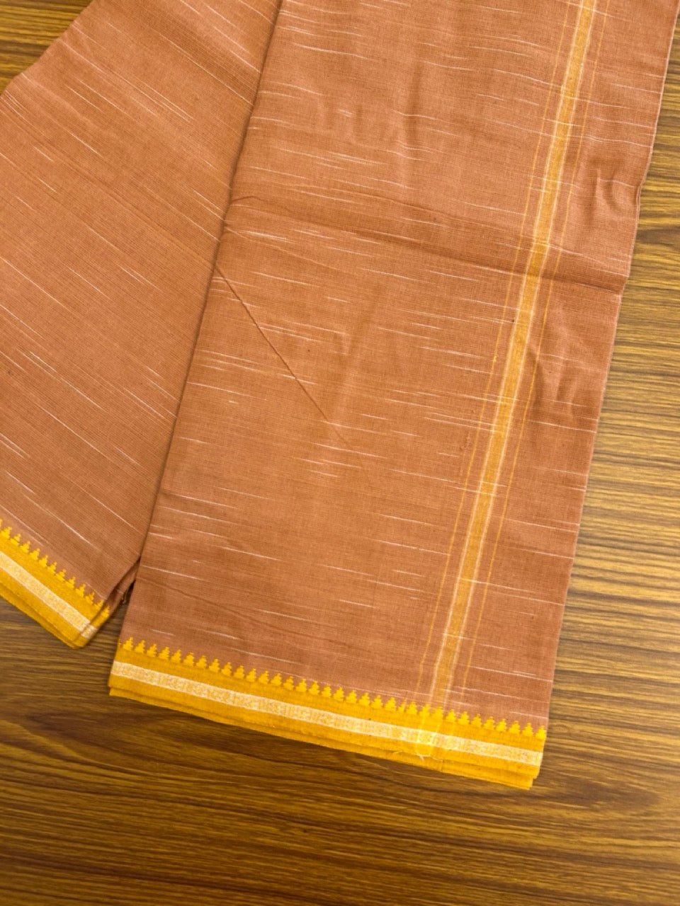 Premium Kathar Type Kavi Mund Pure cotton - Kaitharikada - Single Kaily / Lungi - 1 inch White & Yellow Stripes kara kuppadam Border with Kavi colour body (2 meter / 4 muzham) - 21 KK8039 MUT