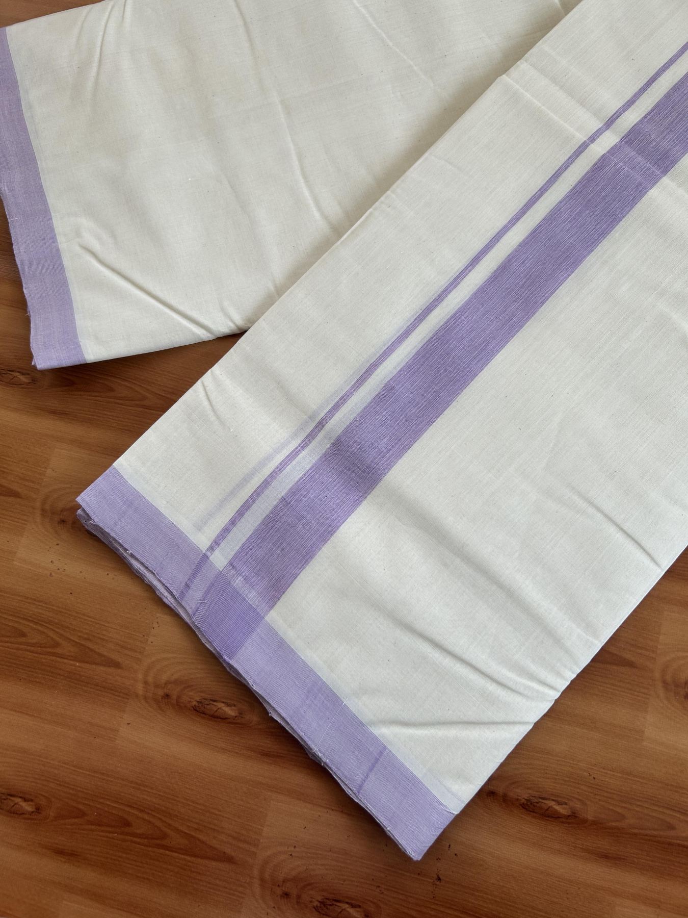 Double Off White (Unbleached) Mundu/Dhoti- 25% Discount! KaithariKada Handloom Millpaav - Kerala Handloom - Cotton - 80x90 - 1.25 inch Lavender Mulloth Kara 4 meter (8.5 Muzham) - 4 KK5396 RAM