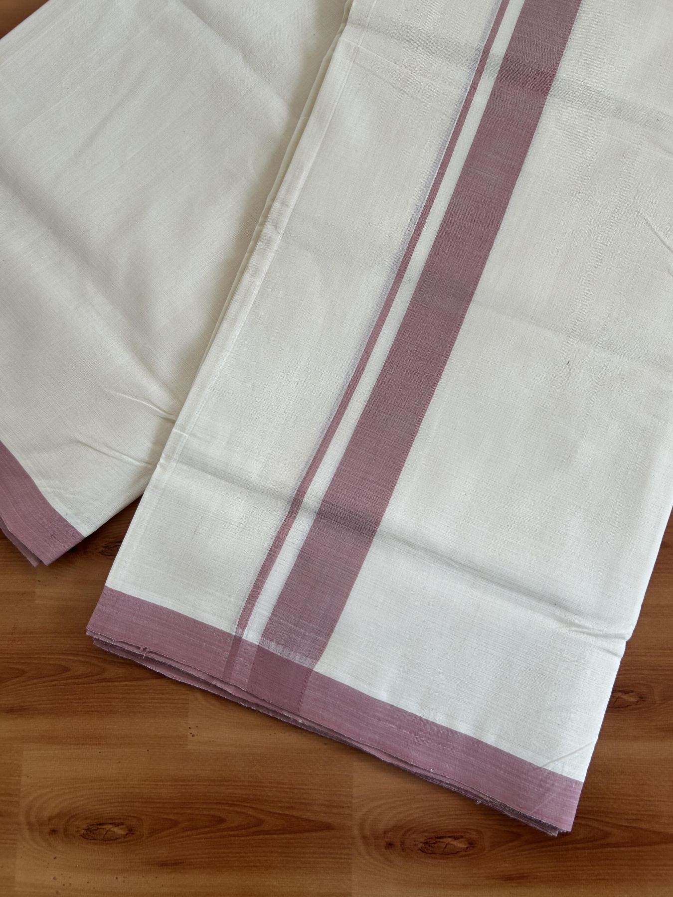 Double Off White (Unbleached) Mundu/Dhoti- 25% Discount! KaithariKada Handloom Millpaav - Kerala Handloom - Cotton - 80x90 - 1.25 inch Dusty Pink Mulloth Kara 4 meter (8.5 Muzham) - 1 KK5396 RAM