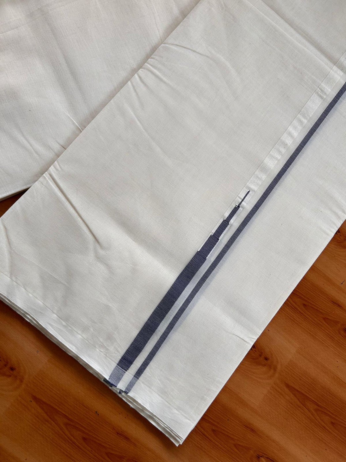 Double Off White (Unbleached) Mundu/Dhoti - 20% Discount!! KaithariKada Pulimood 100% Cotton 100X100 - 0.5 inch Puliyilakkara Navy Blue Chutty Kara - 4 mtr (8.5 muzham) - 4 KK5542 ASH