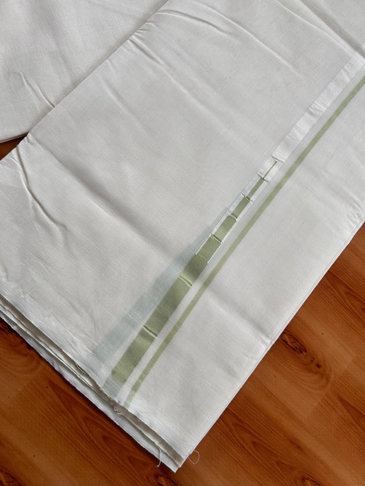 Double Off White (Unbleached) Mundu/Dhoti - 20% Discount!! KaithariKada Pulimood 100% Cotton 100X100 - 0.5 inch Puliyilakkara Light Green Chutty Kara - 4 mtr (8.5 muzham) - 5 KK5542 ASH