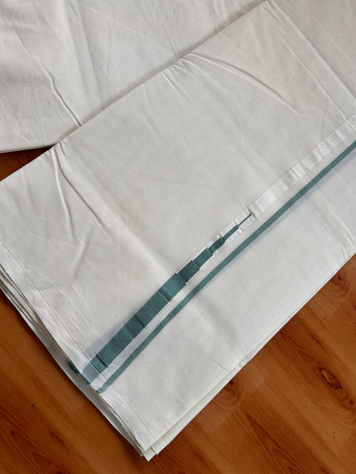 Double Off White (Unbleached) Mundu/Dhoti - 20% Discount!! KaithariKada Pulimood 100% Cotton 100X100 - 0.5 inch Puliyilakkara Green Chutty Kara - 4 mtr (8.5 muzham) - 6 KK5542 ASH