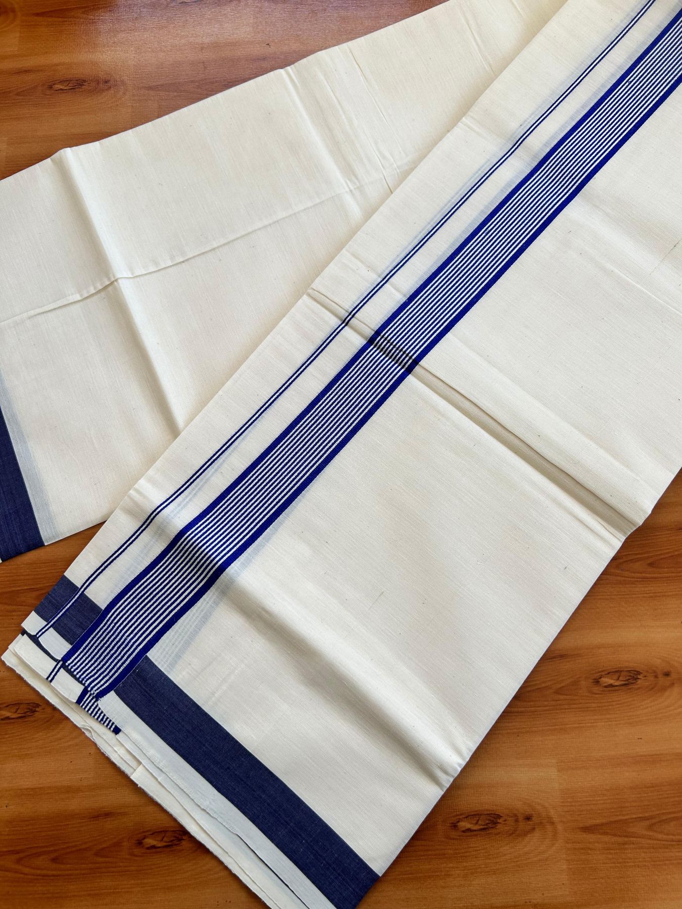 Single Off White - (Unbleached) Mundu/Dhoti - KaithariKada Balaramapuram Pure Cotton 70x30 - 1.25 inch Blue Striped Kara (2 meter /4 muzham) - 27 KK5494 PMC