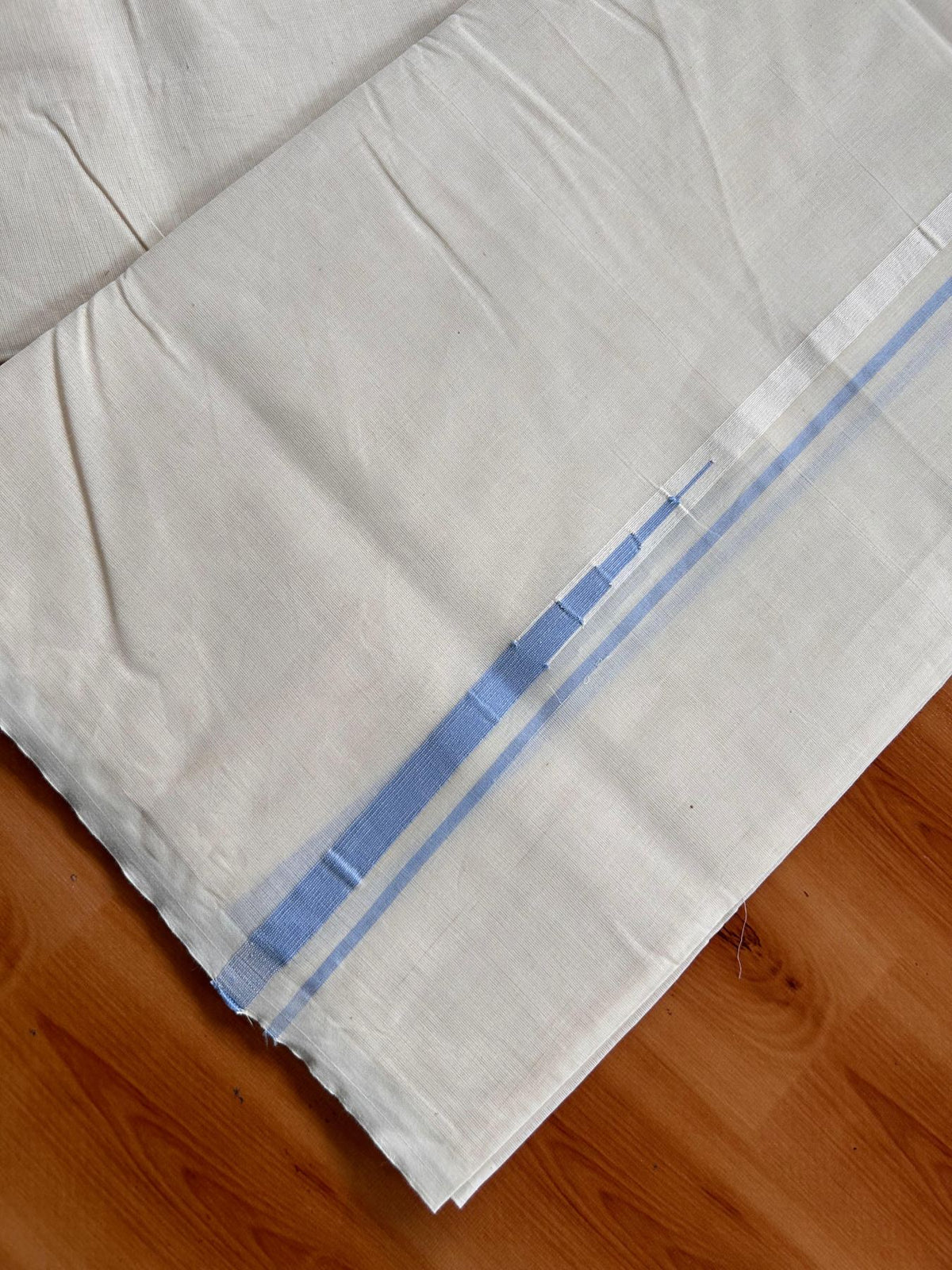 Double Off White (Unbleached) Mundu/Dhoti - 20% Discount!! KaithariKada Pulimood 100% Cotton 100X100 - 0.5 inch Puliyilakkara Blue Chutty Kara - 4 mtr (8.5 muzham) - 9 KK5542 ASH