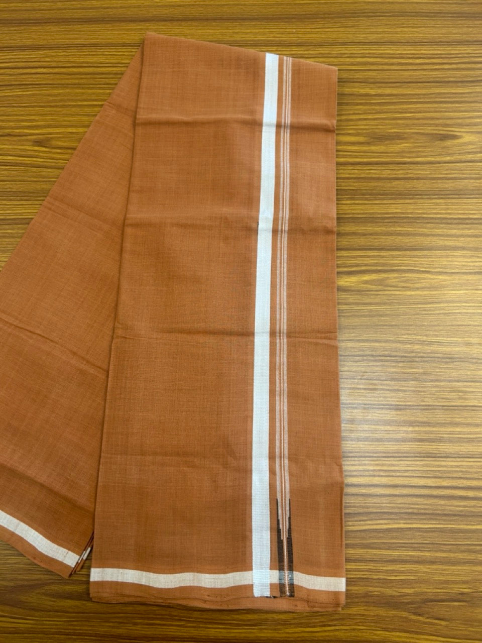 10% Discount !! KaithariKada 100% Pure Cotton - HANDLOOM Single Mundu/Dhoti KAVI Brown COLOUR BODY & 1.5 cm Puliyilakkara White Black Chutty Kara- 9KK8015EL