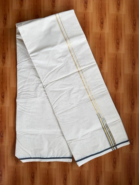 Double Off white - 20% Discount!!! KaithariKada 100% Cotton (Unbleached) Kerala Mundu / Dhoti-100x100 1.cm Double Chutty Black & Gold Kasavu - KK99