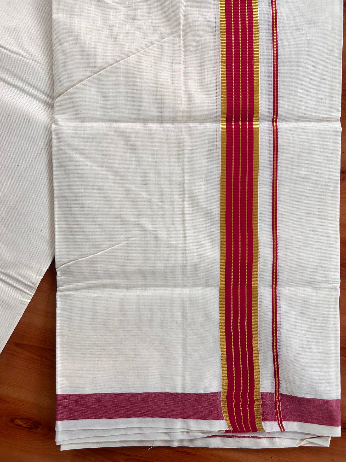 Double Off White Mundu/Dhoti- 20% Discount! KaithariKada Balaramapuram Pure Cotton - 60s - 1 inch Gold Striped Kasav & Rose Red Kara - 4mtr (8.5muzham) - 10 KK5427 VAS
