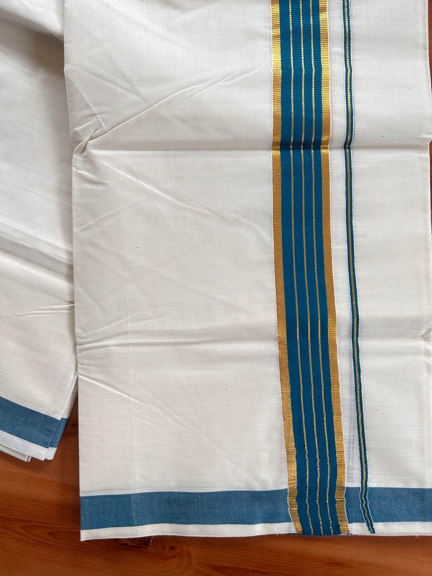 Double Off White Mundu/Dhoti- 20% Discount! KaithariKada Balaramapuram Pure Cotton - 60s - 1 inch Gold Striped Kasav & Teal Blue Kara - 4mtr (8.5muzham) - 9 KK5427 VAS