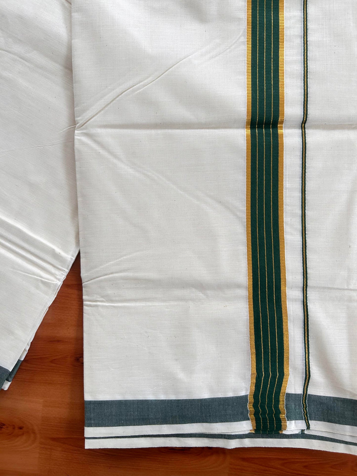 Double Off White Mundu/Dhoti- 20% Discount! KaithariKada Balaramapuram Pure Cotton - 60s - 1 inch Gold Striped Kasav & Green Kara - 4mtr (8.5muzham) - 6 KK5427 VAS