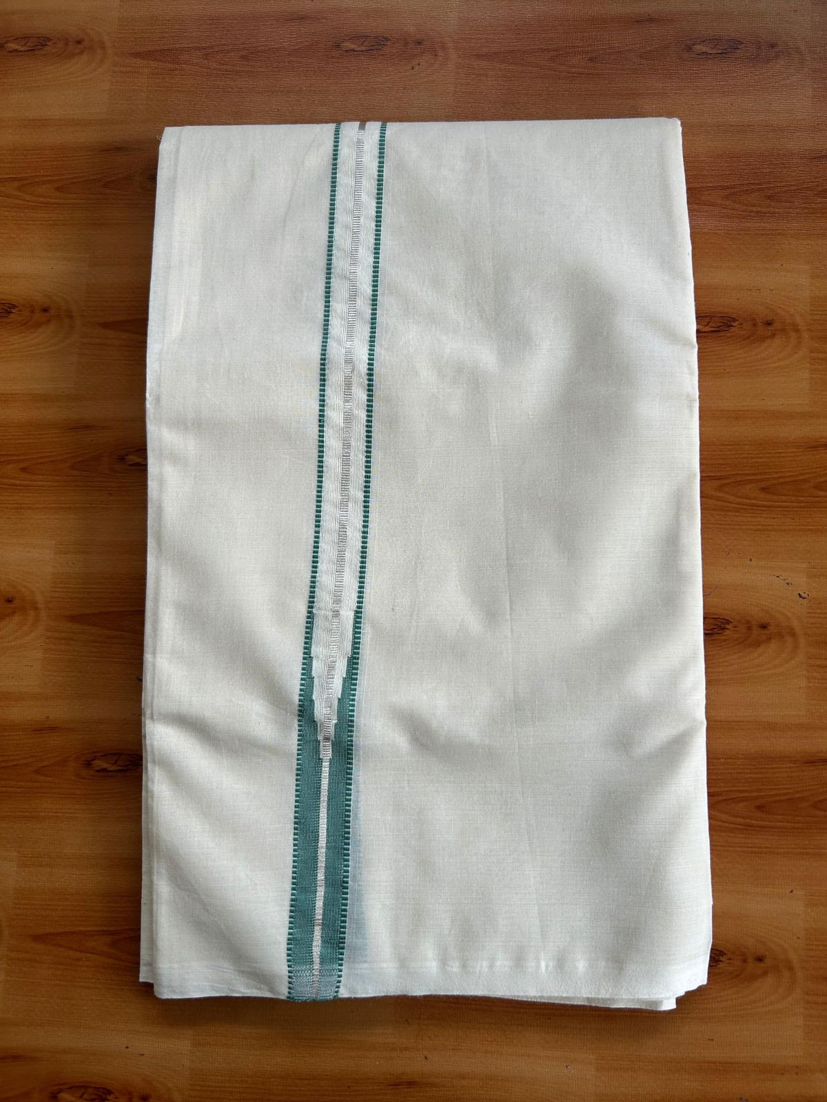Double Off White (Unbleached) Mundu/Dhoti - 20% Discount!! KaithariKada Pulimood 100% Cotton 100X100 - 1 Inch Puliyilakkara Silver Kasav & Teel Green Striped Chutty Kara - 3.75 mtr (8 muzham) - 17 KK5545 ASH