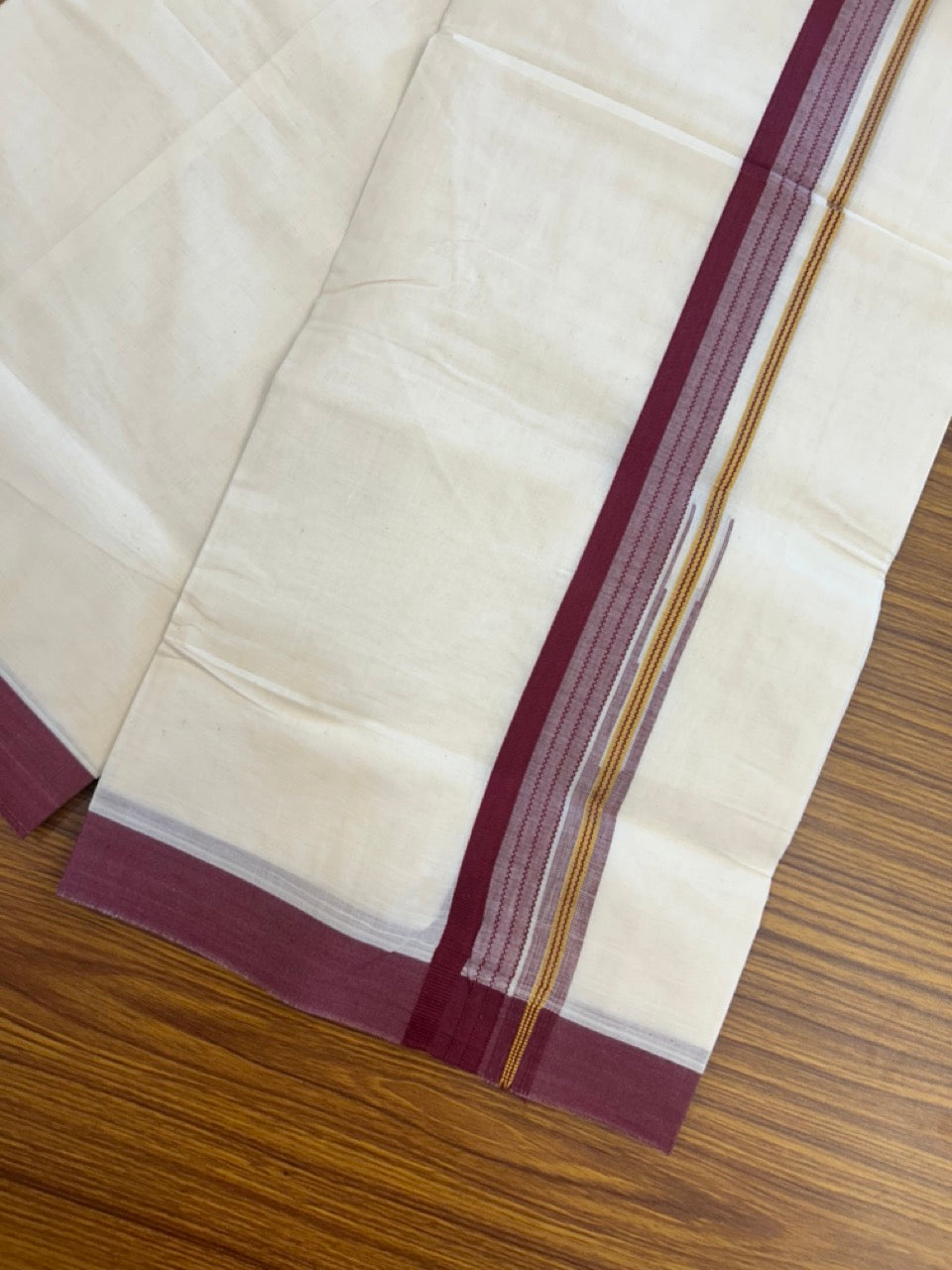 20% Discount ! KaithariKada Balaramapuram 100% Cotton Off White (Unbleached) Double Mundu/Dhoti - 80s - 1.5 inch Gold Kasav & Maroon Stripes Chutty kara 4 mtr (8.5 muzham) - 6 KK5302 MUT