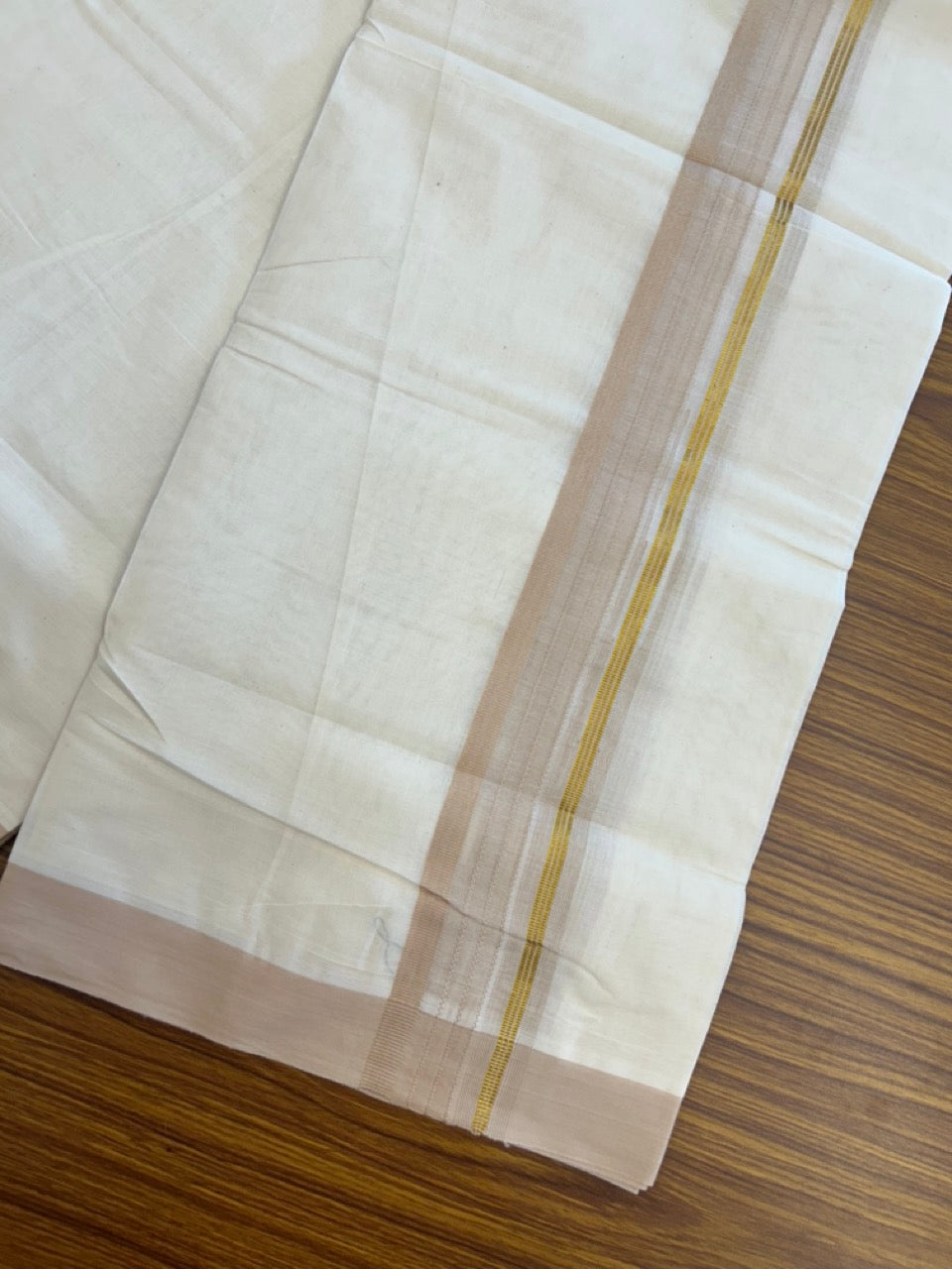 20% Discount ! KaithariKada Balaramapuram 100% Cotton Off White (Unbleached) Double Mundu/Dhoti - 80s - 1.5 inch Gold Kasav & Sand Brown Stripes Chutty kara 4 mtr (8.5 muzham) - 3 KK5302 MUT