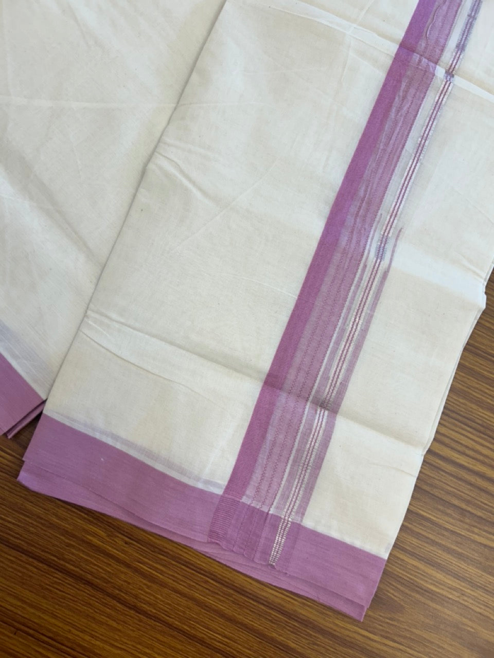 20% Discount ! KaithariKada Balaramapuram 100% Cotton Off White (Unbleached) Double Mundu/Dhoti - 80s - 1.5 inch Silver Kasav & Lavender Pink Stripes Chutty kara 4 mtr (8.5 muzham) - 9 KK5302 MUT
