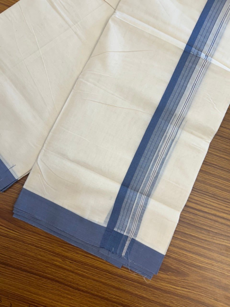 20% Discount ! KaithariKada Balaramapuram 100% Cotton Off White (Unbleached) Double Mundu/Dhoti - 80s - 1.5 inch Silver Kasav & Blue Grey Stripes Chutty kara 4 mtr (8.5 muzham) - 11 KK5302 MUT