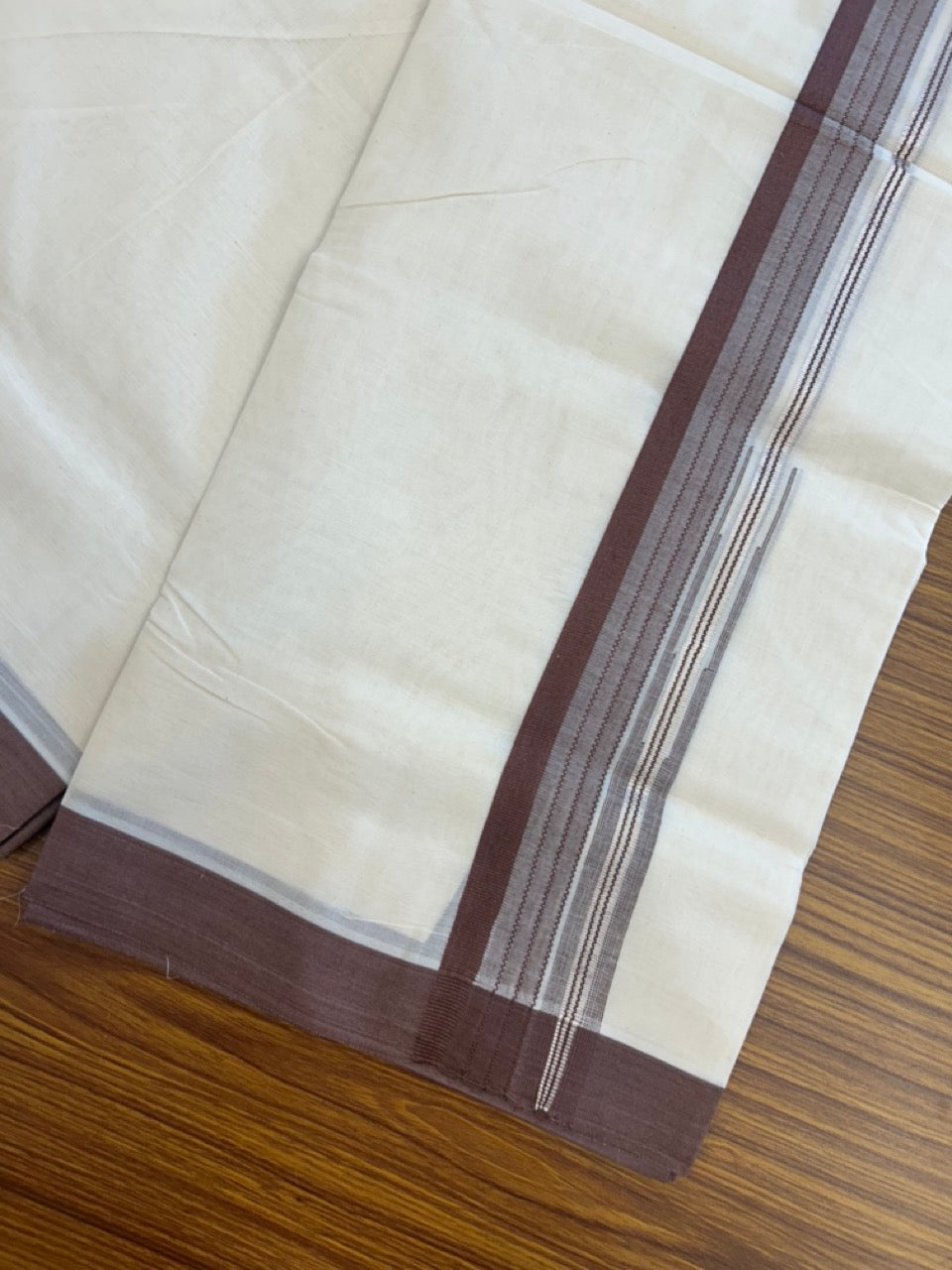 20% Discount ! KaithariKada Balaramapuram 100% Cotton Off White (Unbleached) Double Mundu/Dhoti - 80s - 1.5 inch Silver Kasav & Brown Stripes Chutty kara 4 mtr (8.5 muzham) - 10 KK5302 MUT