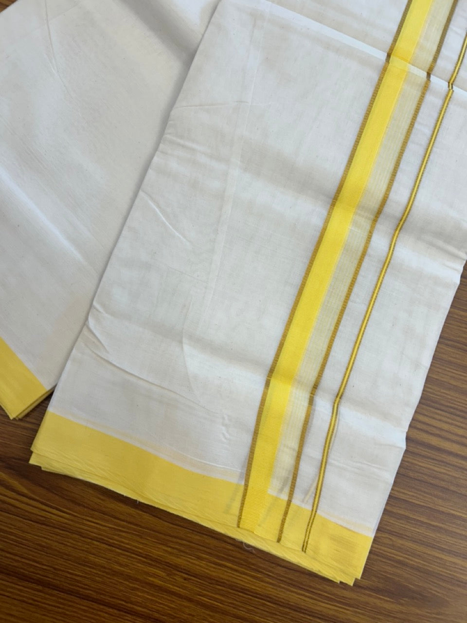 20% Discount ! KaithariKada Balaramapuram 100% Cotton Off White (Unbleached) Double Mundu/Dhoti - 80s - 1.5 inch Gold Kasav & Yellow Striped kara 4 mtr (8.5 muzham) - 29 KK5302 MUT